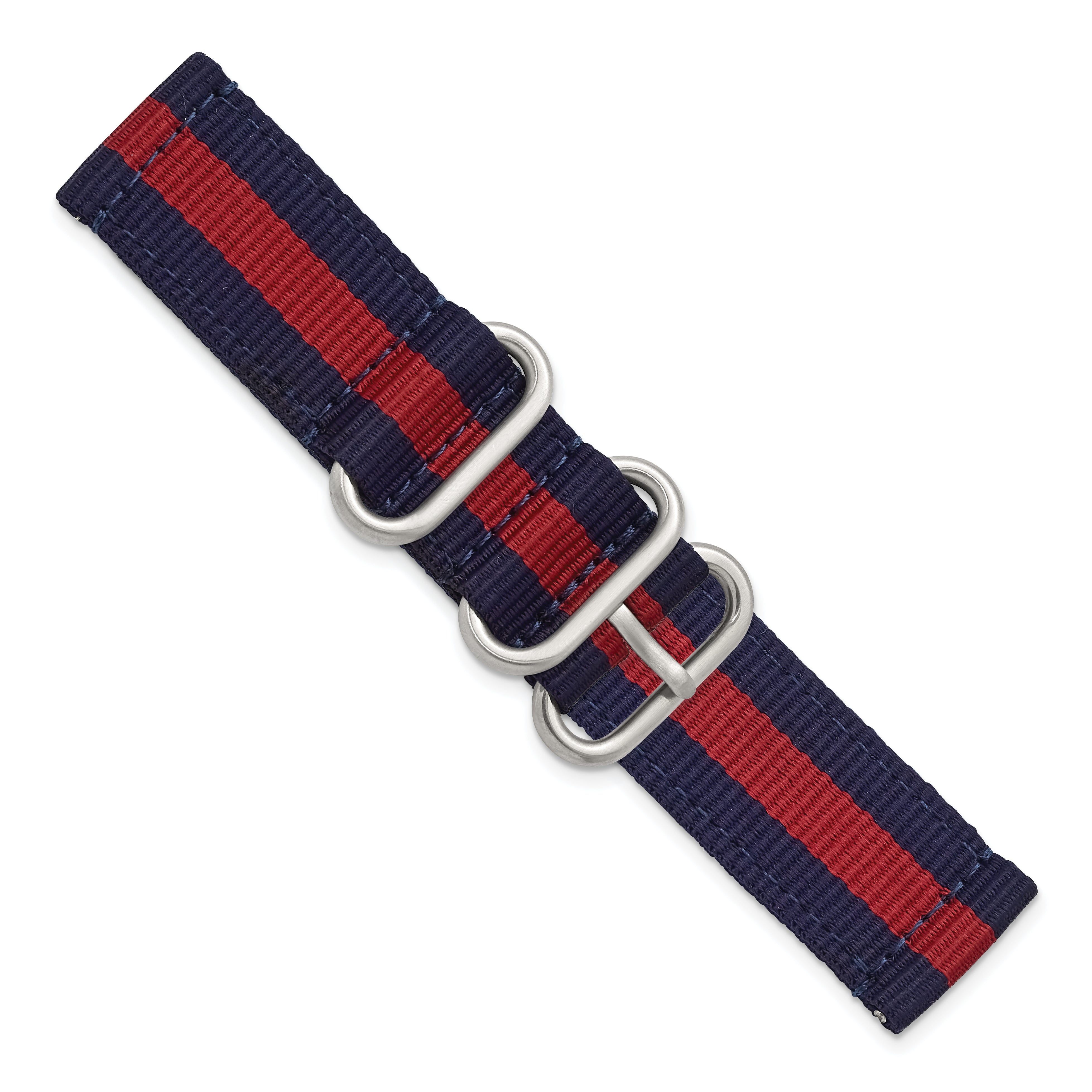 20mm Two-Piece Navy with Red Stripe Nylon Strap with Brushed Stainless Steel Buckle and Quick Release Spring Bars 8.5 inch Watch Band