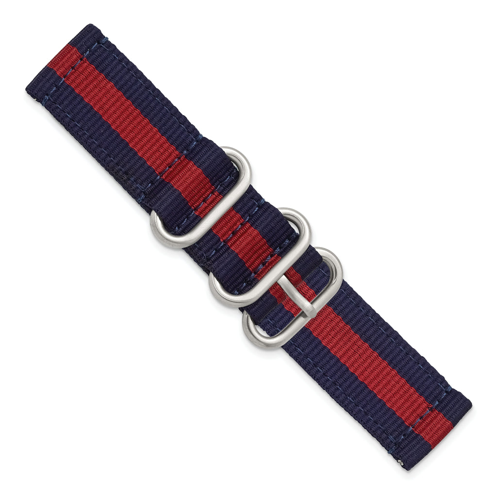20mm Two-Piece Navy with Red Stripe Nylon Strap with Brushed Stainless Steel Buckle and Quick Release Spring Bars 8.5 inch Watch Band