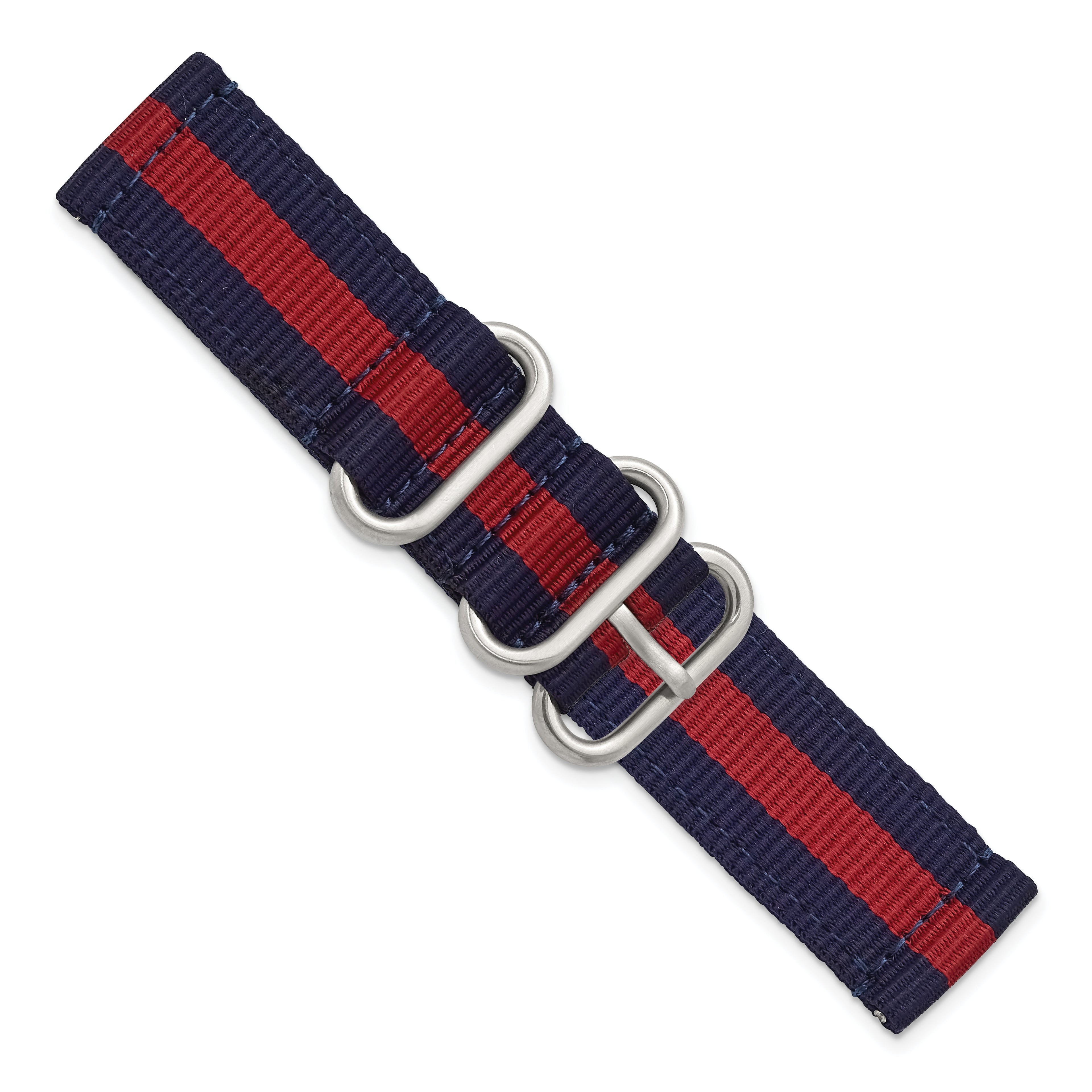 20mm Two-Piece Navy with Red Stripe Nylon Strap with Brushed Stainless Steel Buckle and Quick Release Spring Bars 8.5 inch Watch Band