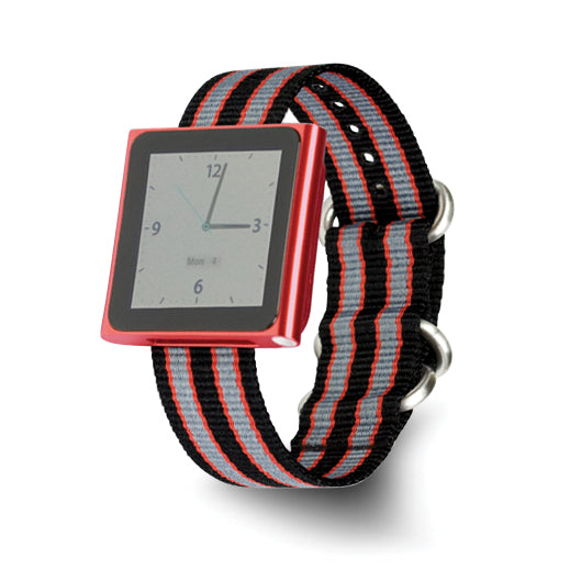 DeBeer 22mm Two-Tone Black with Grey and Red Stripes Nylon Strap with Brushed Stainless Steel Buckle - Sophia Jewelers