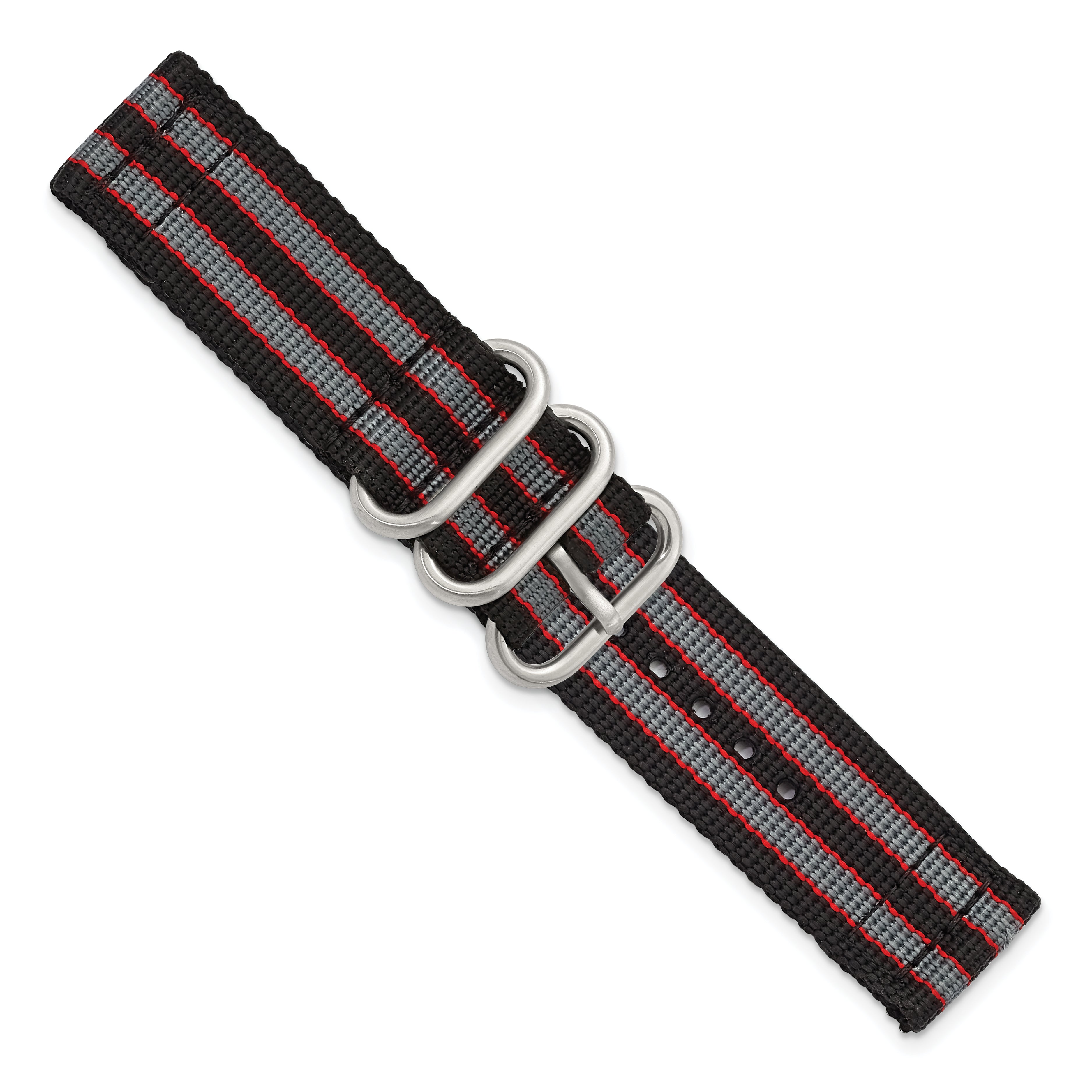 18mm Two-Piece Black with Grey and Red Stripes Nylon Strap with Brushed Stainless Steel Buckle and Quick Release Spring Bars 8.5 inch Watch Band