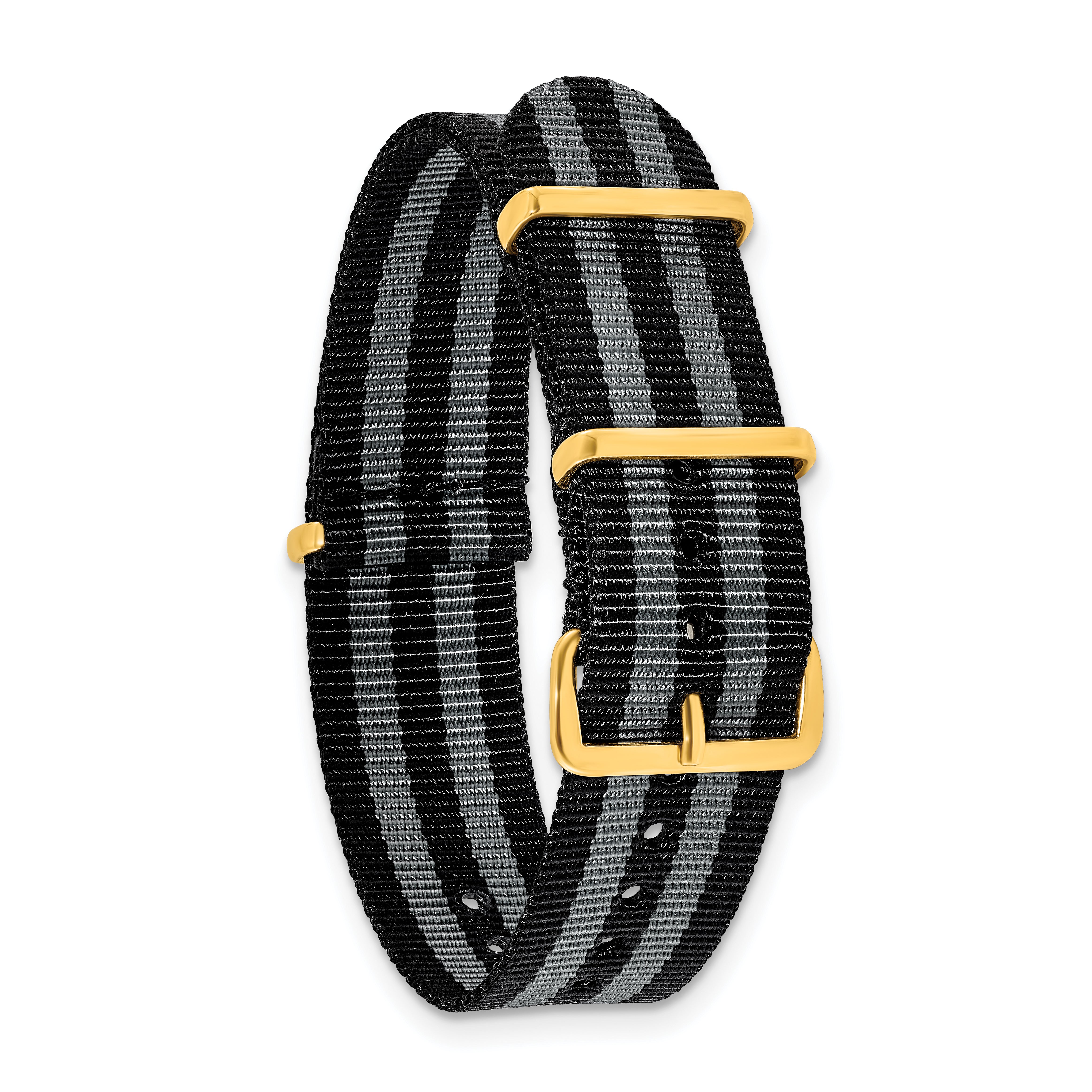 18mm One-Piece Black and Grey Striped Military Ballistic G10 Nylon with Gold-tone Buckle 10.75 inch Watch Band