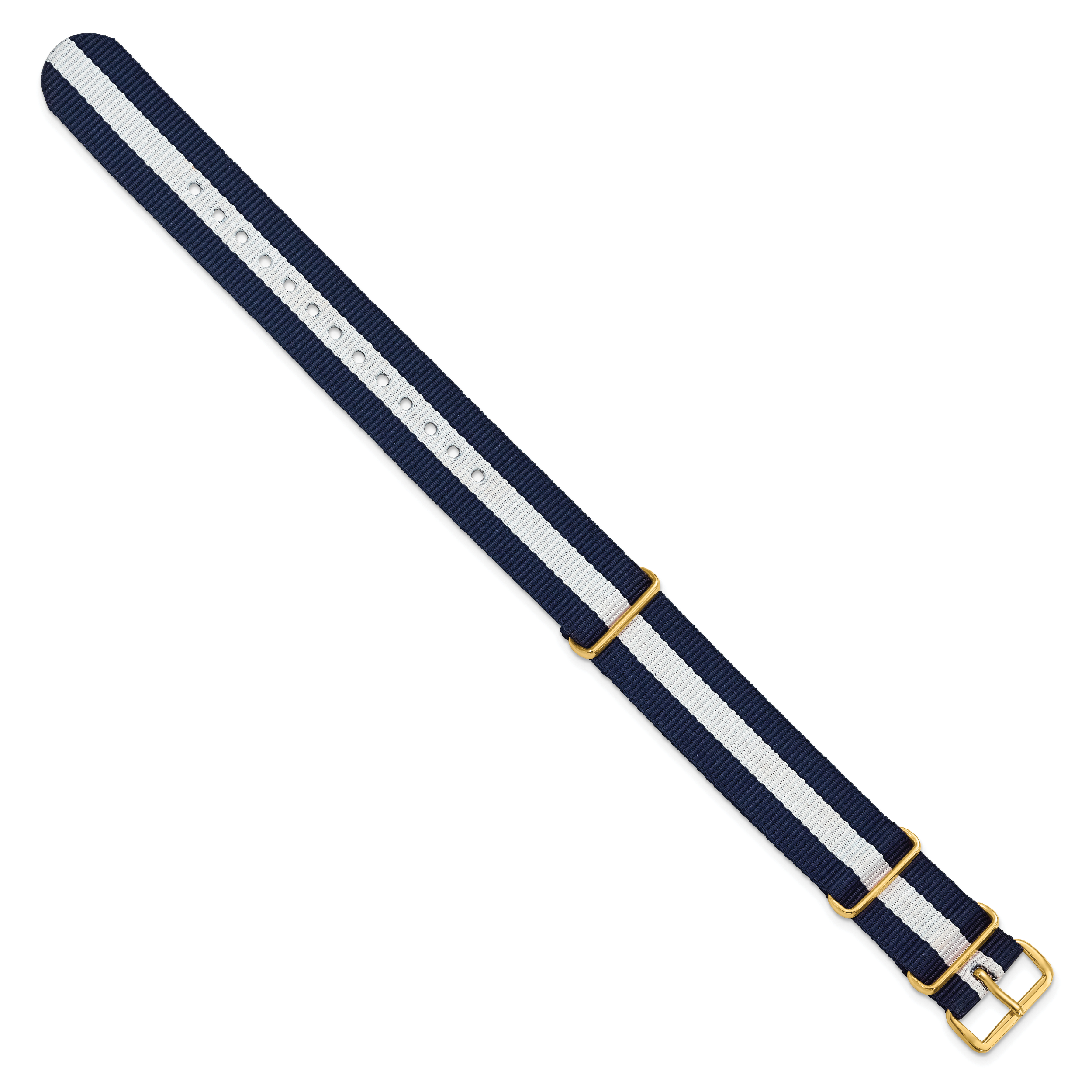 18mm One-Piece Navy with White Stripe Military Ballistic G10 Nylon with Gold-tone Buckle 10.75 inch Watch Band