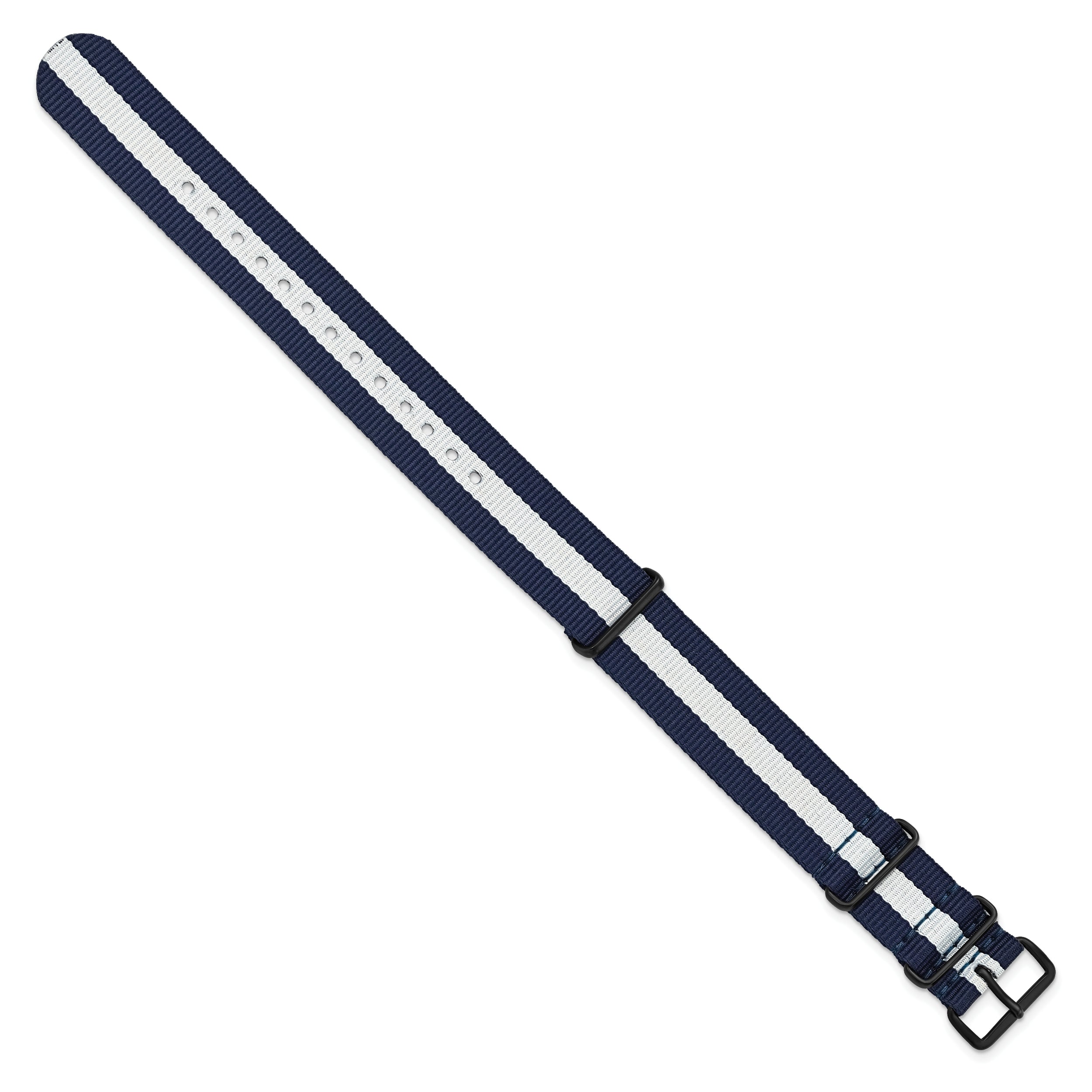 18mm One-Piece Navy with White Stripe Military Ballistic G10 Nylon with Black PVD-plated Buckle 10.75 inch Watch Band