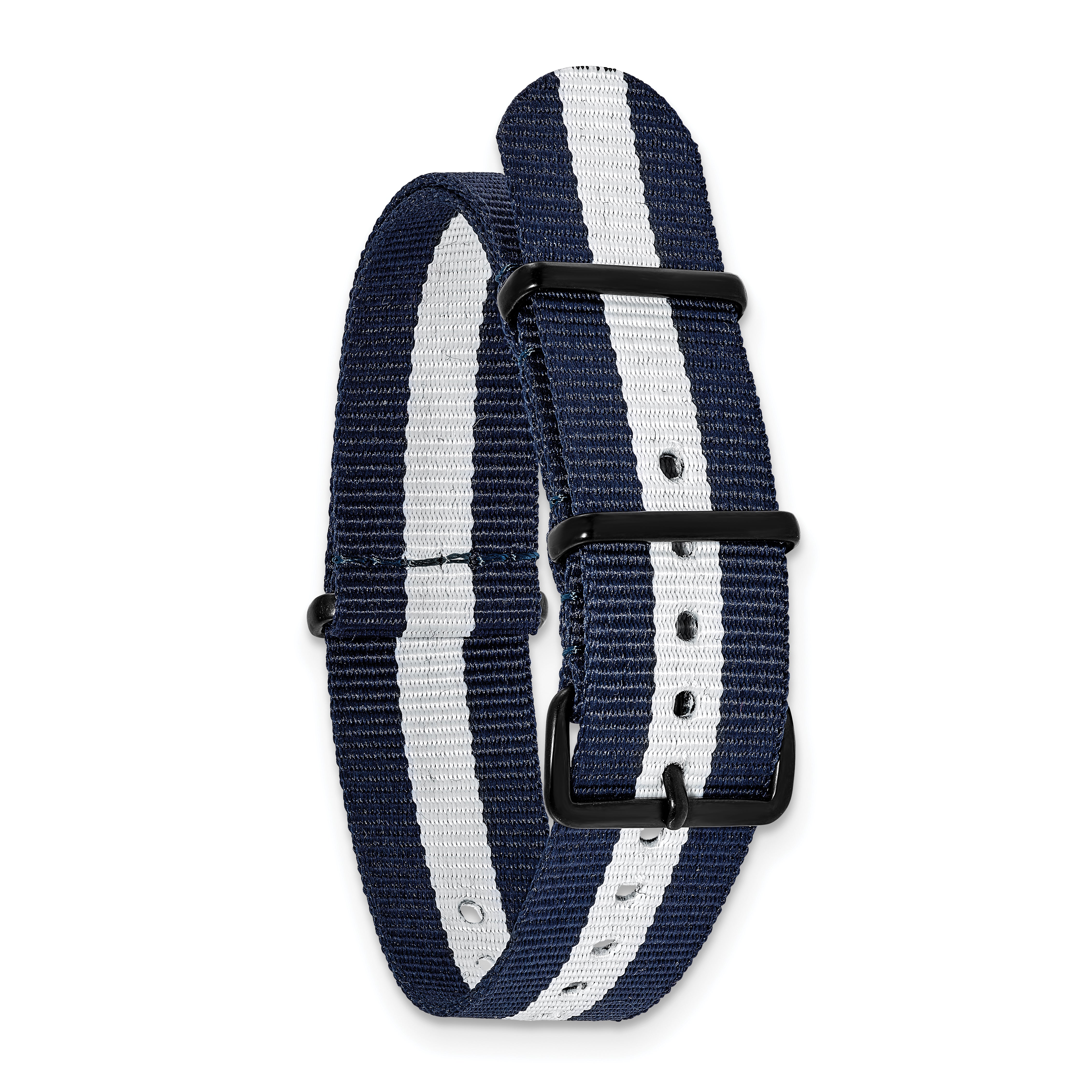 18mm One-Piece Navy with White Stripe Military Ballistic G10 Nylon with Black PVD-plated Buckle 10.75 inch Watch Band