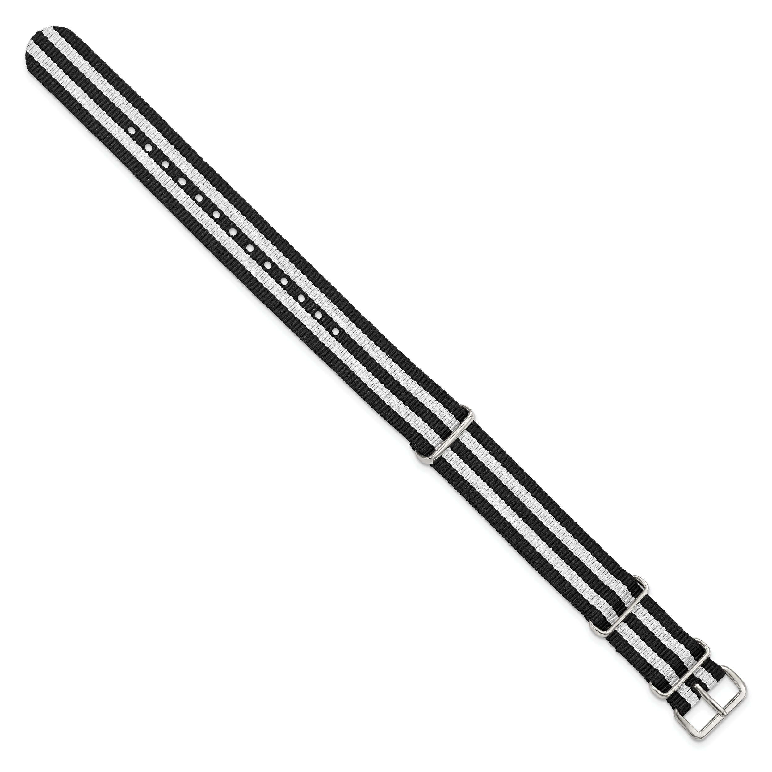 18mm One-Piece Black and White Striped Military Ballistic G10 Nylon with Silver-tone Buckle 10.75 inch Watch Band