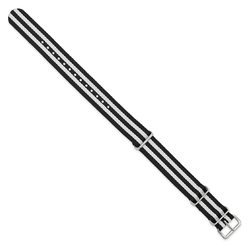 18mm One-Piece Black and White Striped Military Ballistic G10 Nylon with Silver-tone Buckle 10.75 inch Watch Band