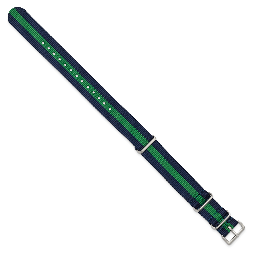 18mm one-Piece Navy with Green Stripe Military Ballistic G10 Nylon with Silver-tone Buckle 10.75 inch Watch Band