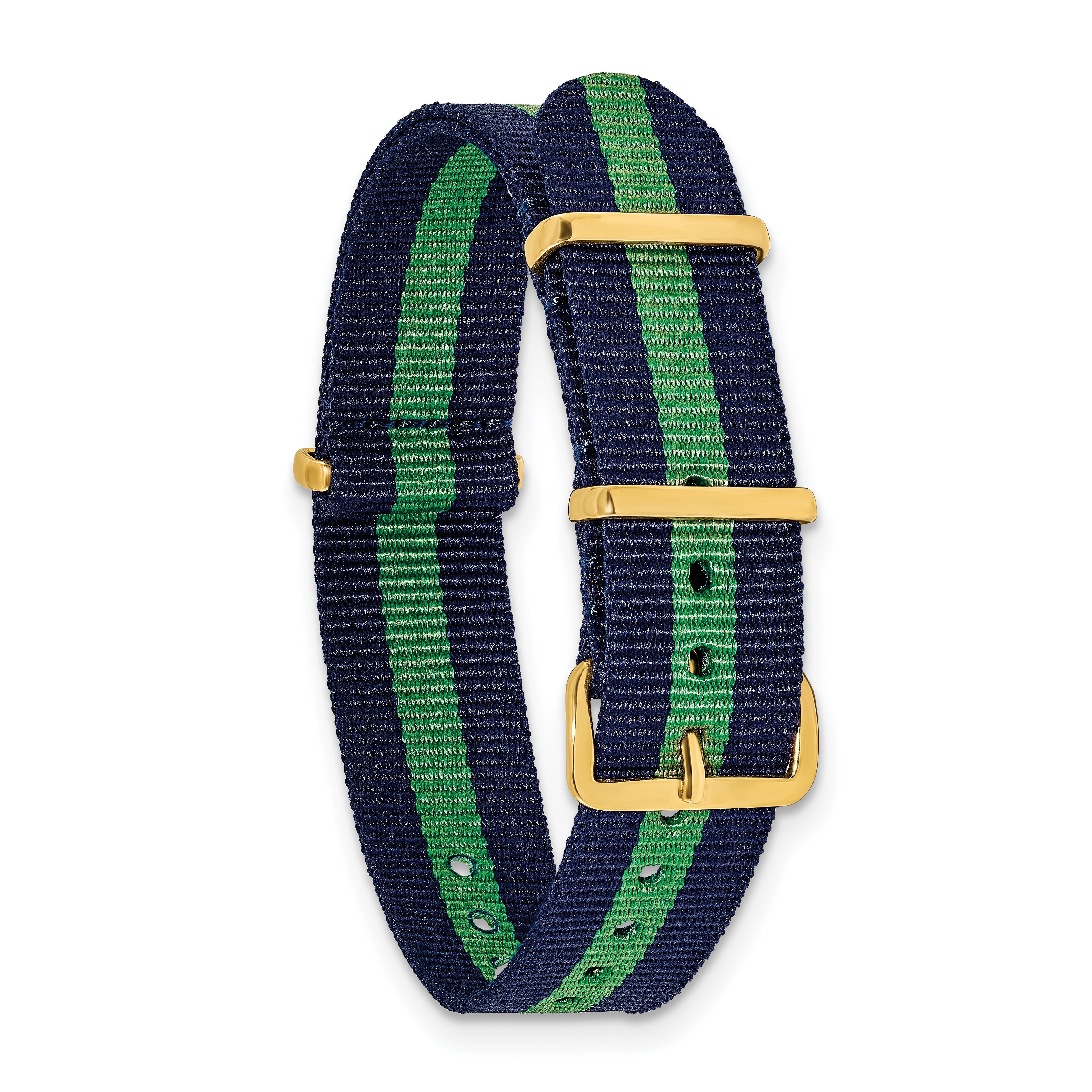 18mm One-Piece Navy with Green Stripe Military Ballistic G10 Nylon with Gold-tone Buckle 10.75 inch Watch Band