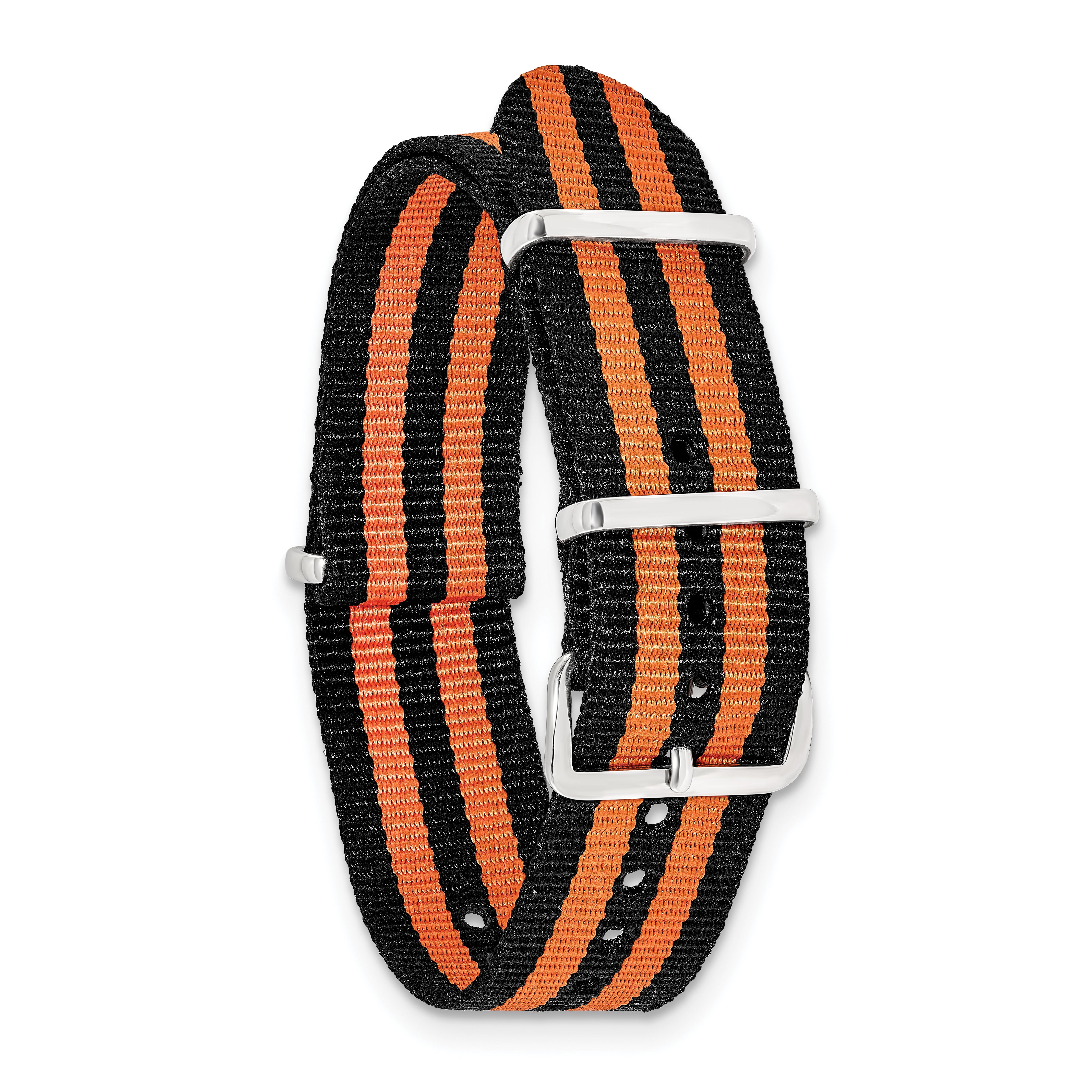 18mm One-Piece Black and Orange Striped Military Ballistic G10 Nylon with Silver-tone Buckle 10.75 inch Watch Band