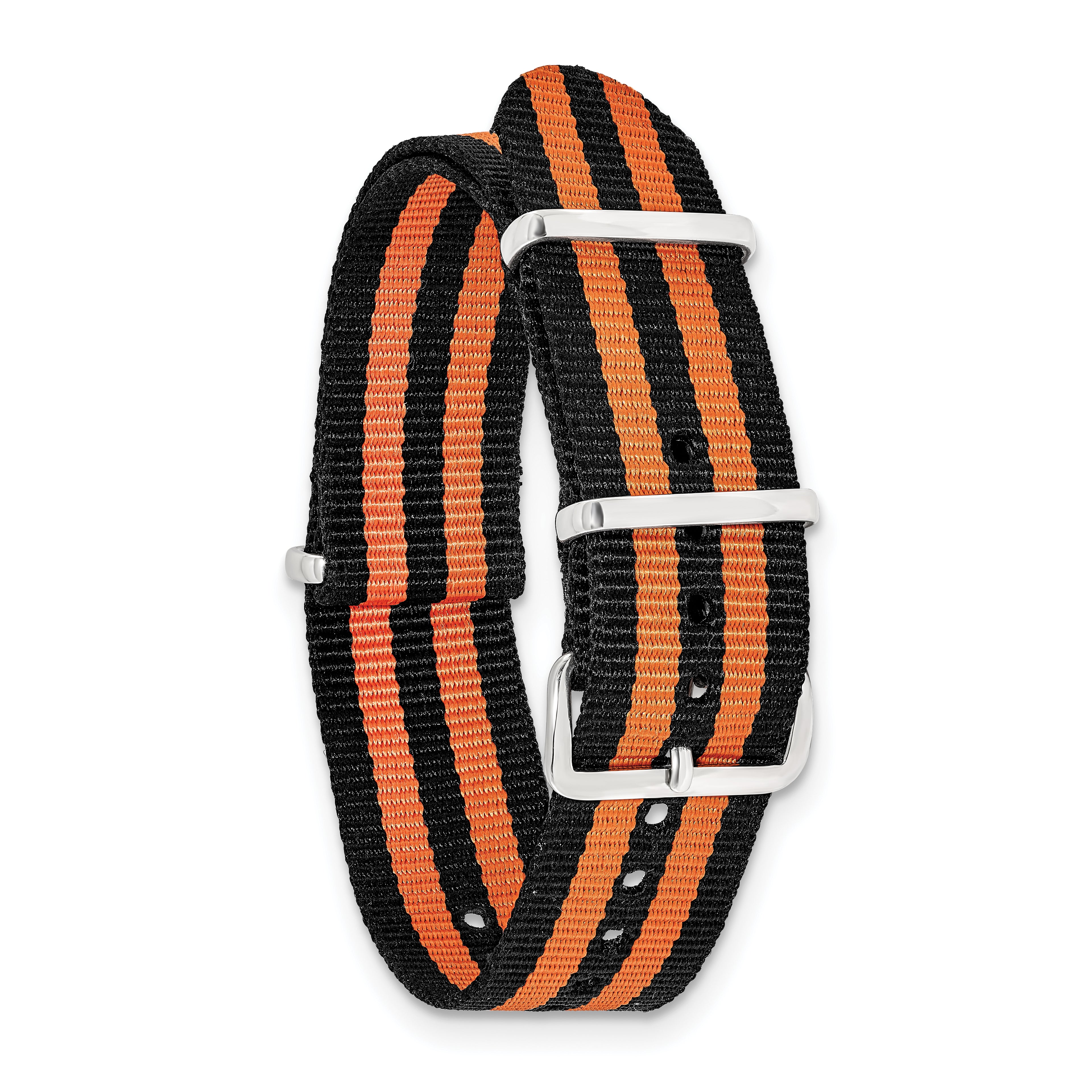 18mm One-Piece Black and Orange Striped Military Ballistic G10 Nylon with Silver-tone Buckle 10.75 inch Watch Band