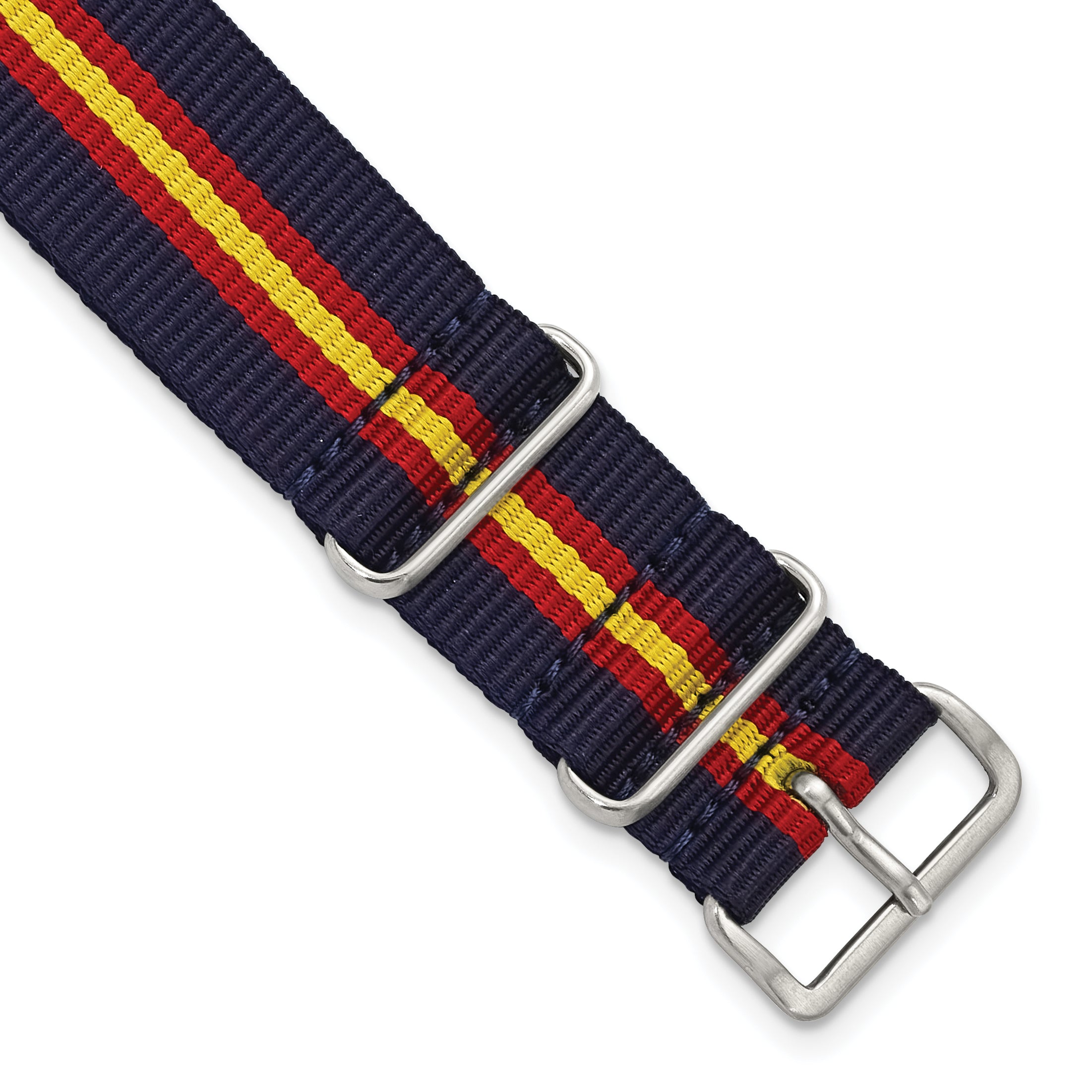 20mm One-Piece Navy, Red and Yellow Striped Military Ballistic G10 Nylon with Silver-tone Buckle 10.75 inch Watch Band