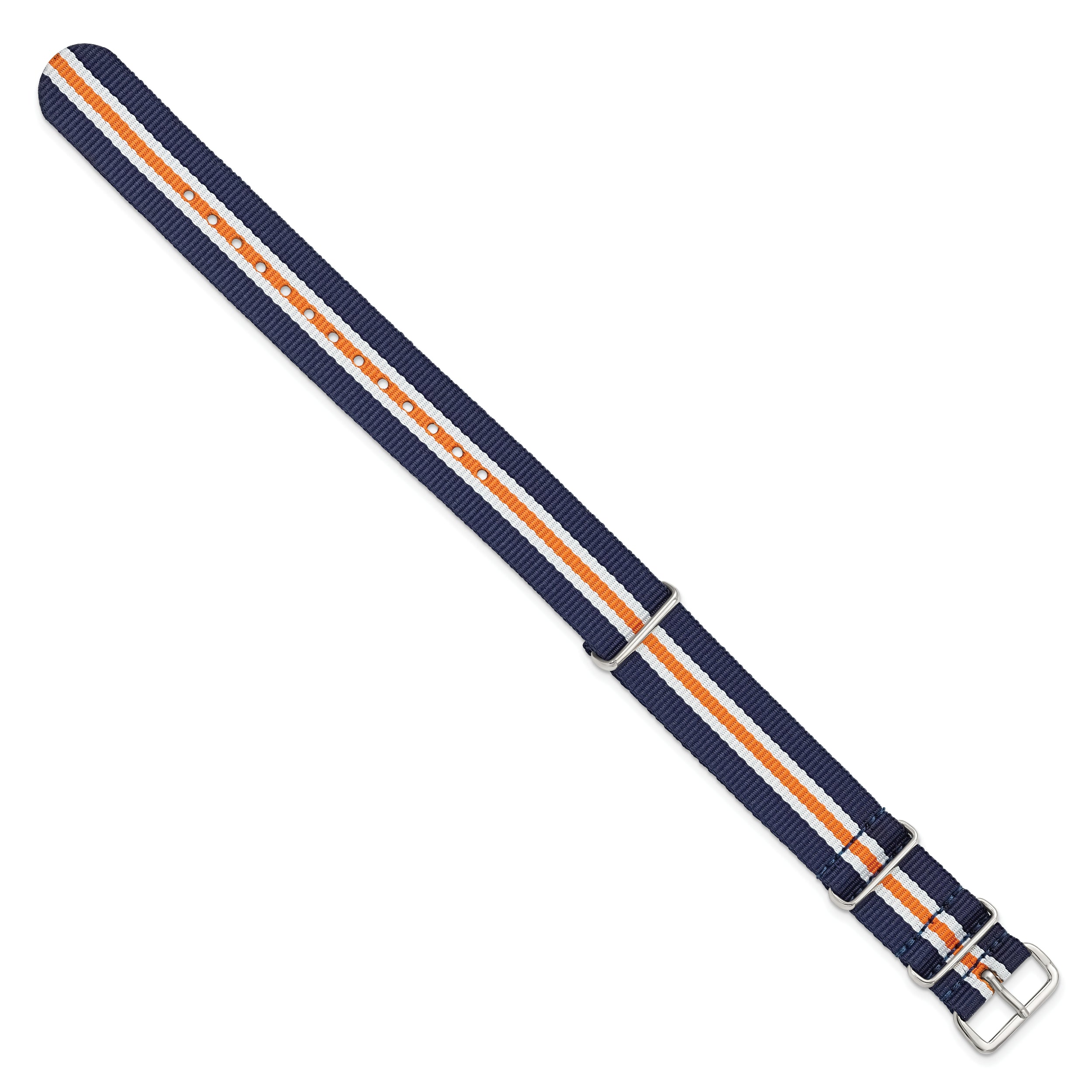 18mm One-Piece Navy, Orange and White Striped Military Ballistic G10 Nylon with Silver-tone Buckle 10.75 inch Watch Band
