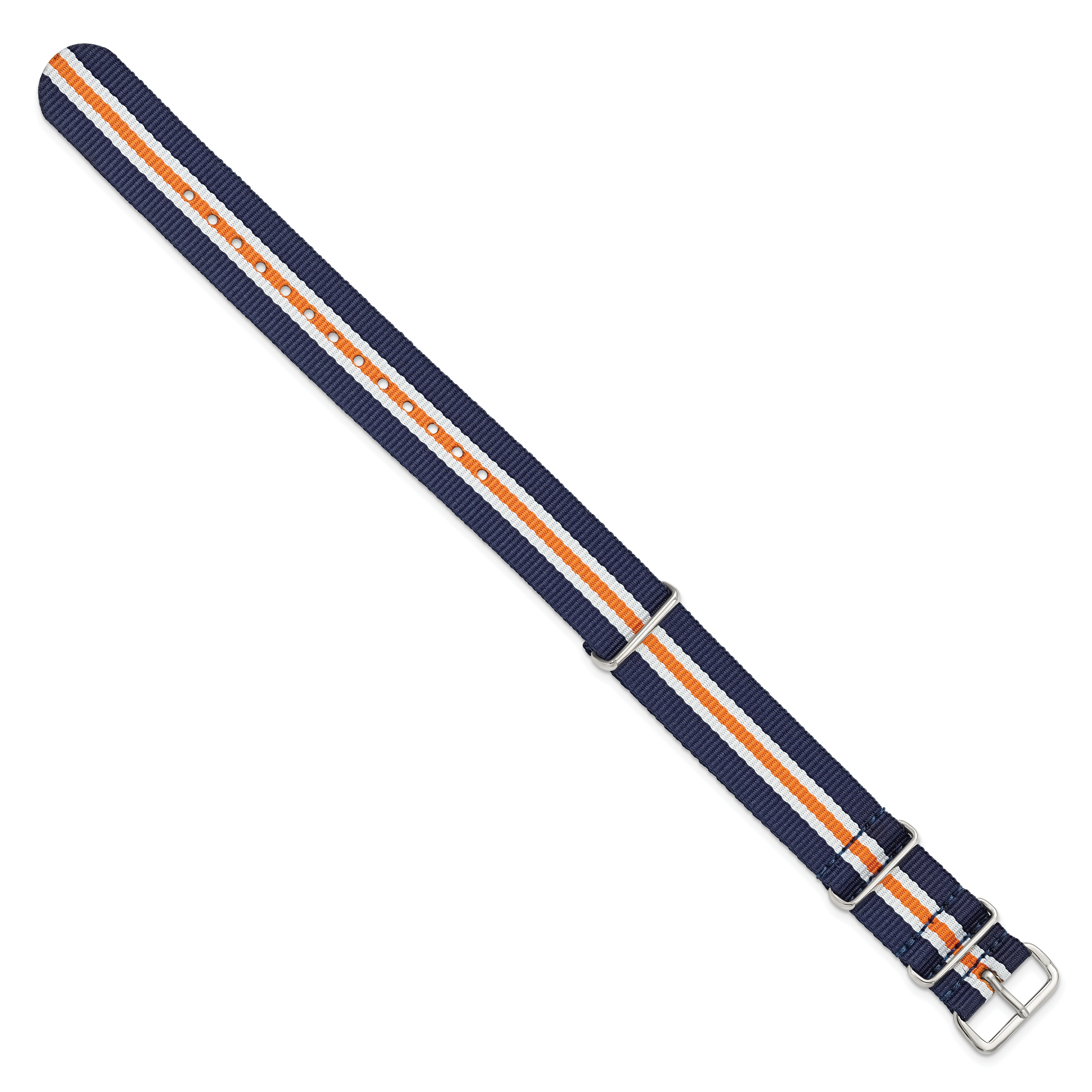 18mm One-Piece Navy, Orange and White Striped Military Ballistic G10 Nylon with Silver-tone Buckle 10.75 inch Watch Band