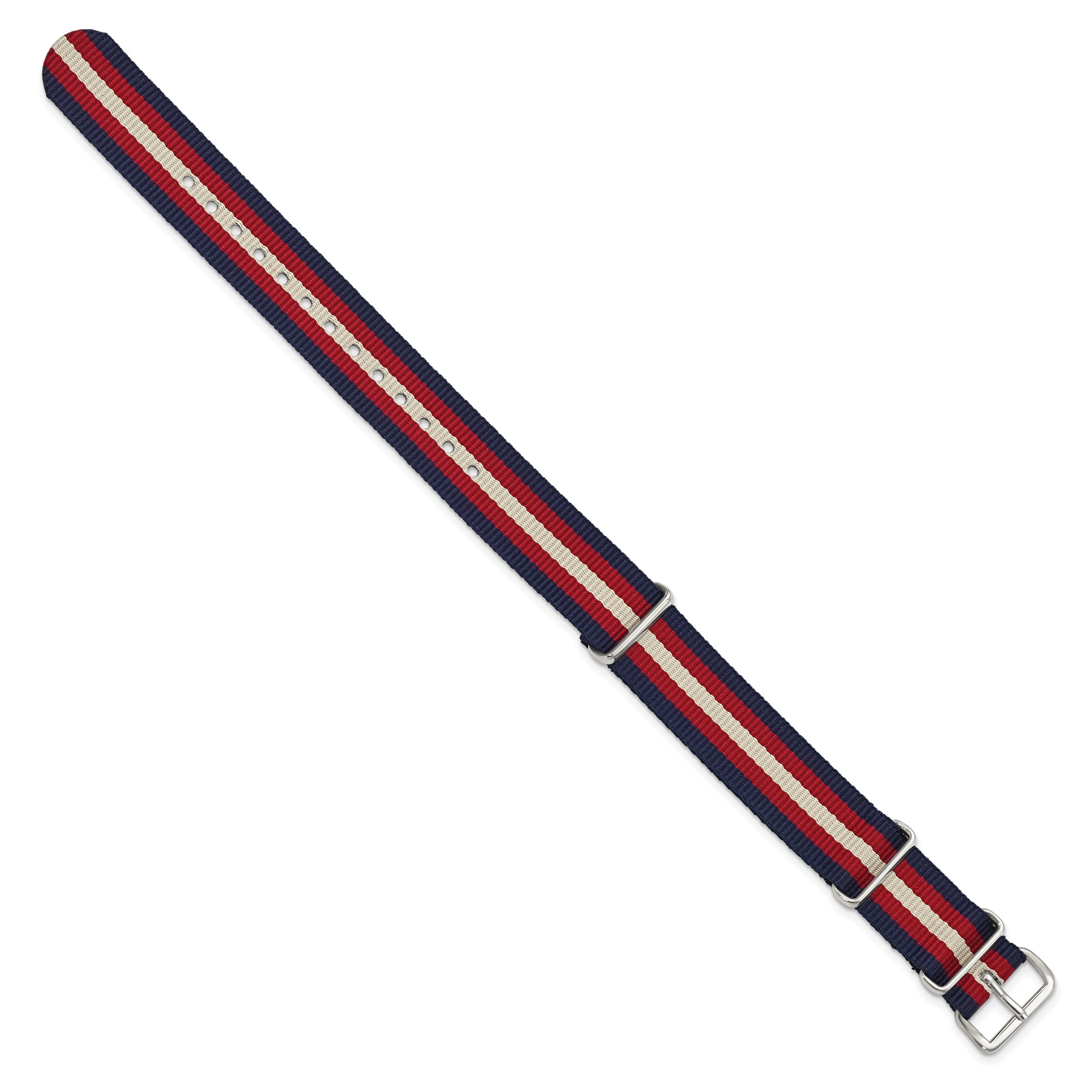 18mm One-Piece Navy, Red and Beige Striped Military Ballistic G10 Nylon with Silver-tone Buckle 10.75 inch Watch Band