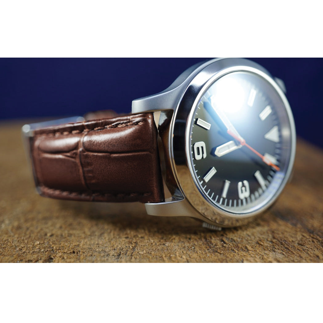 24mm Brown Matte Long Genuine Alligator Chrono Leather with Silver-tone Buckle 8.5 inch Watch Band
