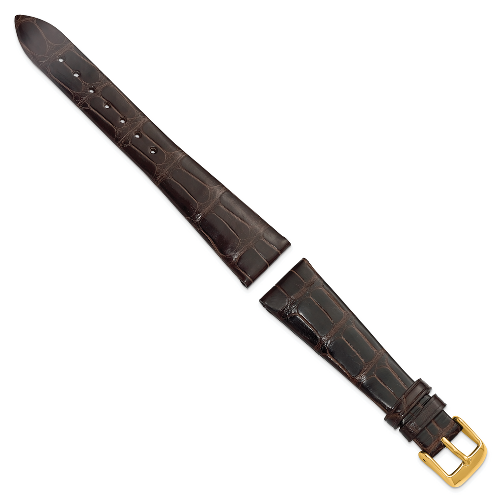 18mm Brown Flat Genuine Louisiana Alligator Leather with Gold-tone Buckle 7.5 inch Watch Band