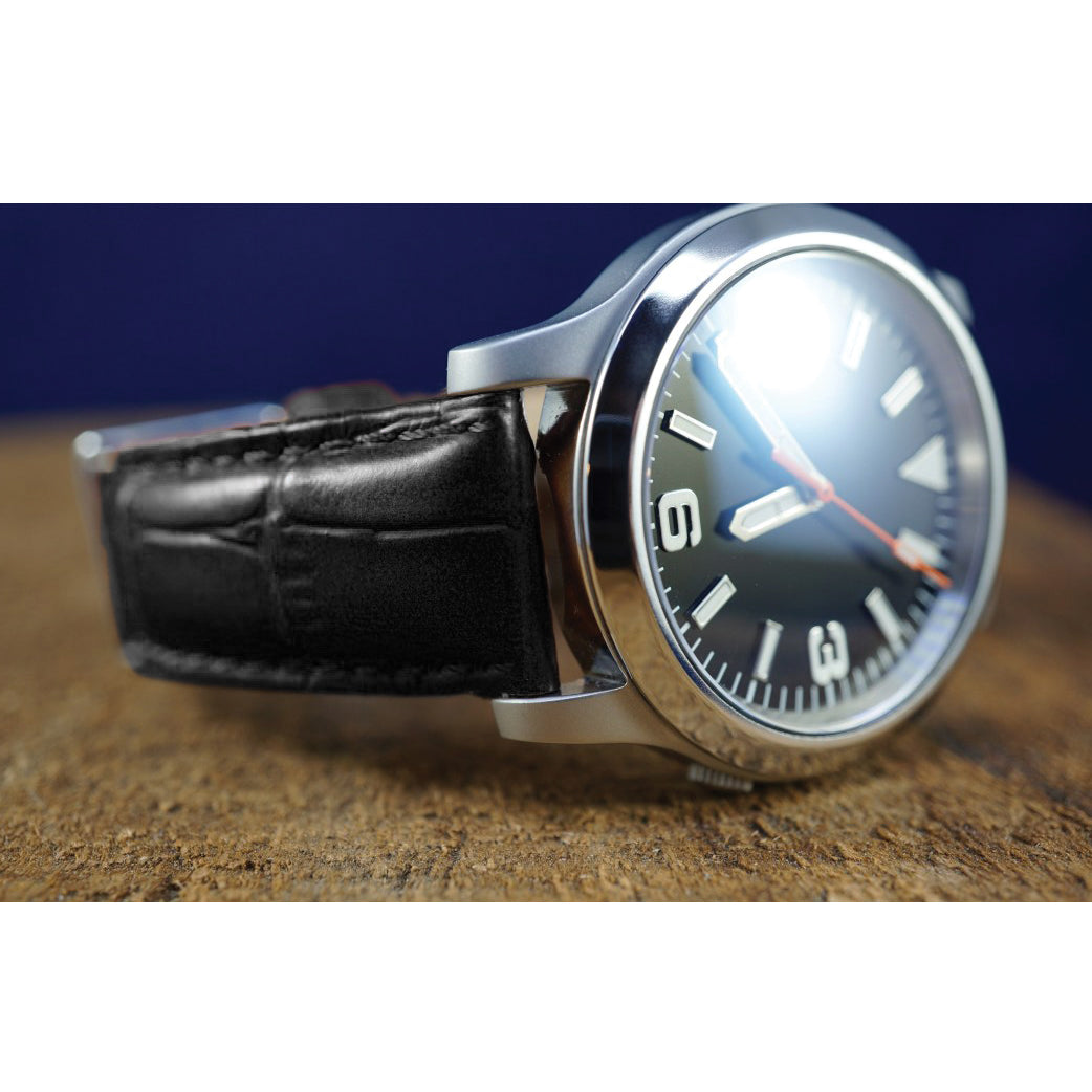 24mm Black Matte Genuine Alligator Chrono Leather with Silver-tone Buckle 7.5 inch Watch Band
