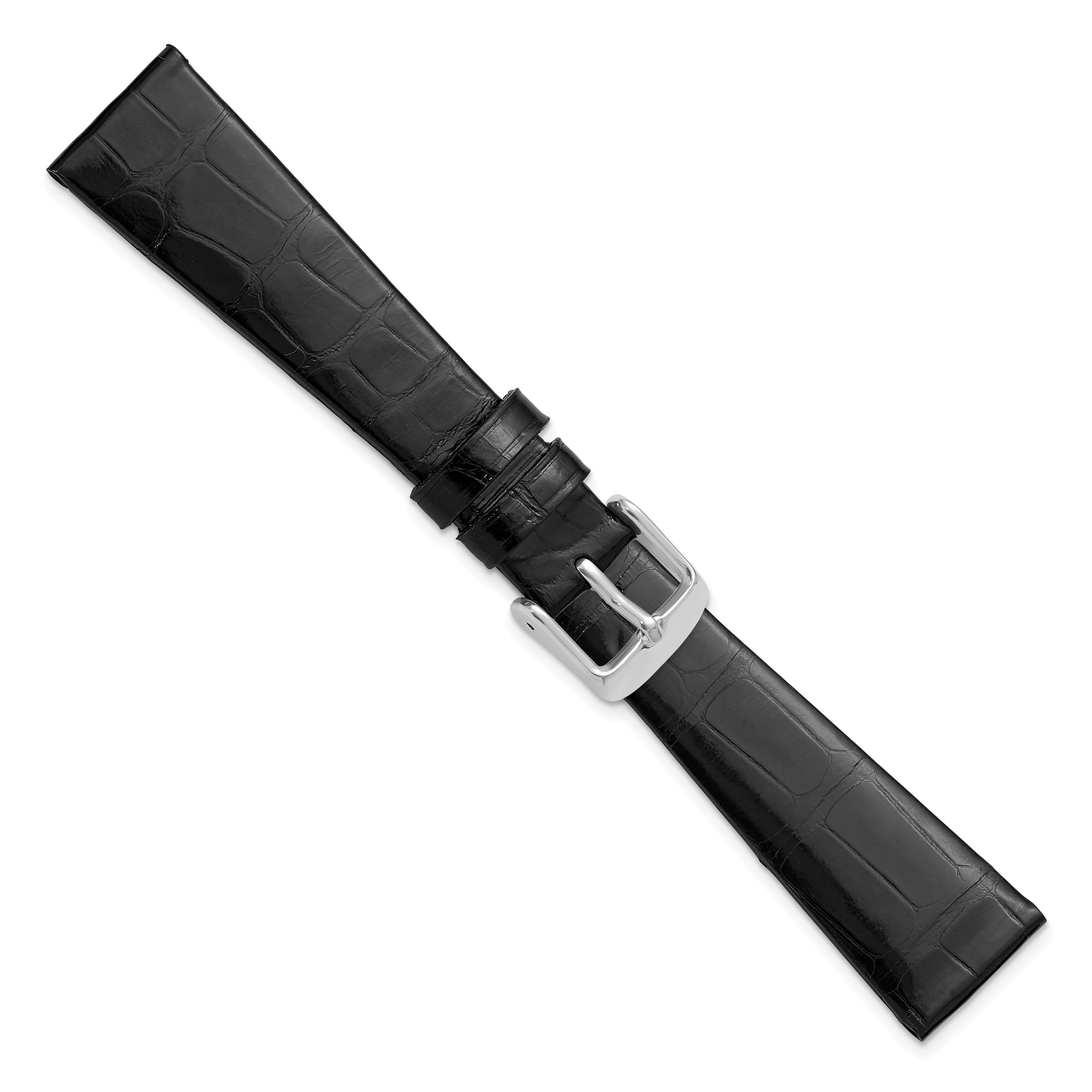 18mm Black Flat Genuine Louisiana Alligator Leather with Silver-tone Buckle 7.5 inch Watch Band