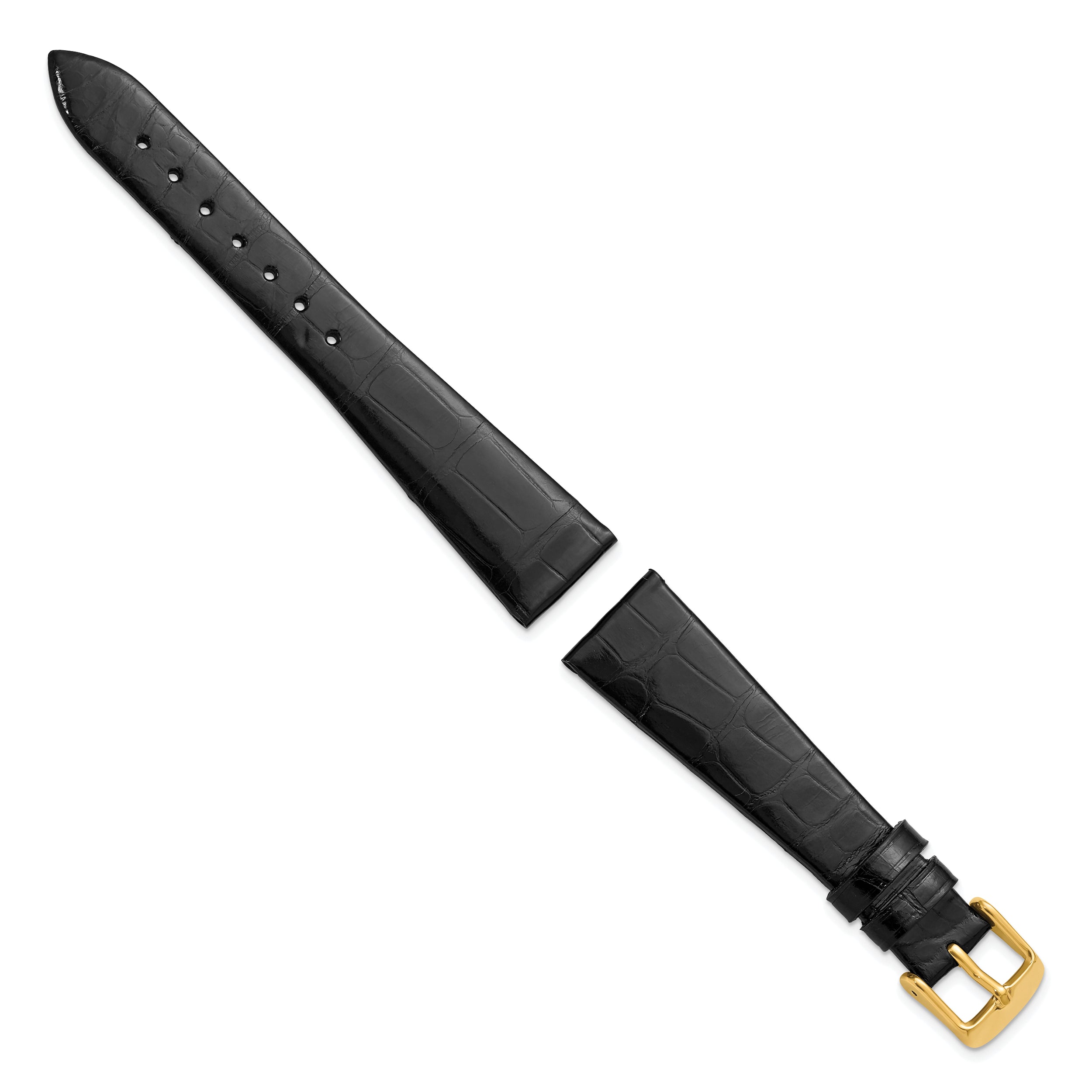 20mm Black Flat Genuine Louisiana Alligator Leather with Gold-tone Buckle 7.5 inch Watch Band