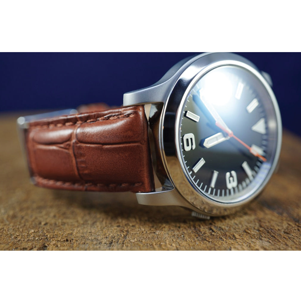 24mm Havana Matte Long Genuine Alligator Chrono Leather with Silver-tone Buckle 8..5 inch Watch Band