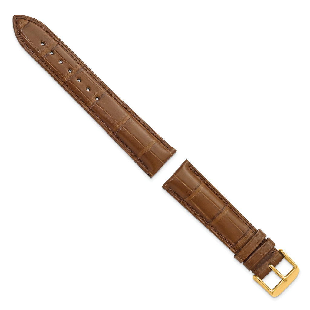 18mm Havana Matte Long Genuine Alligator Chrono Leather with Gold-tone Buckle 8.5 inch Watch Band