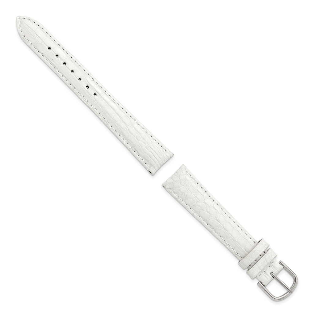 16mm Short White Genuine Caiman Leather with Silver-tone Buckle 6.75 inch Watch Band