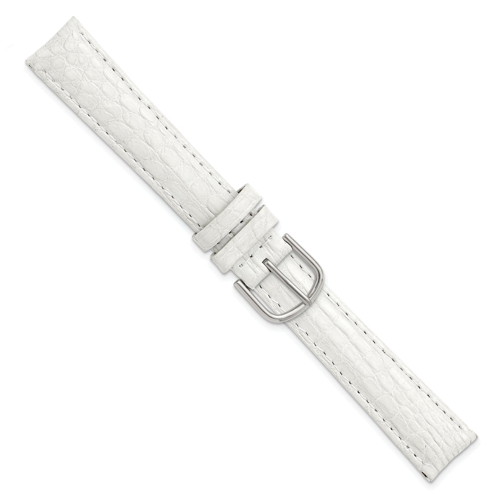 16mm Short White Genuine Caiman Leather with Silver-tone Buckle 6.75 inch Watch Band
