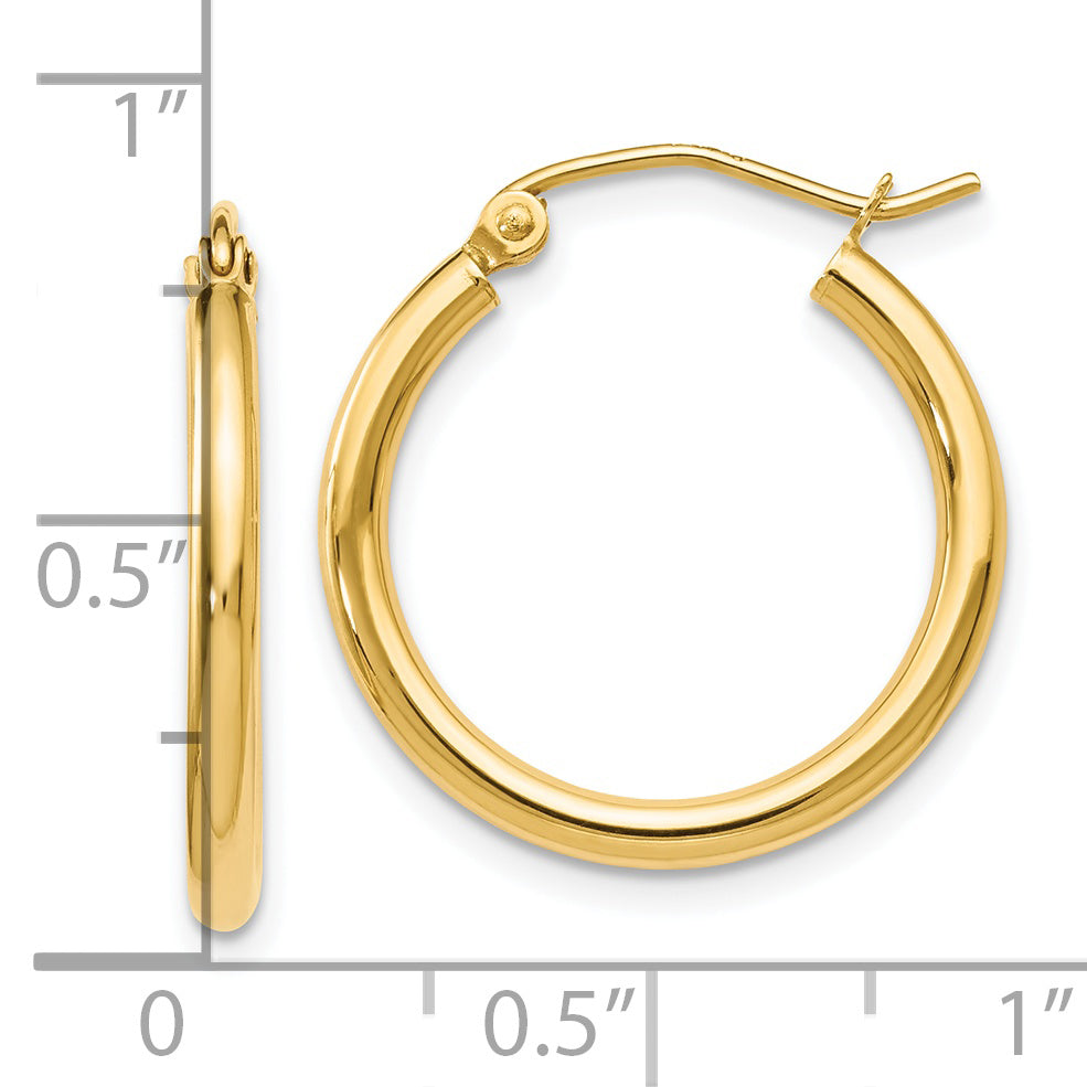 14K Yellow Gold Polished Hoop Earrings, 20mm Diameter, Hollow Tubing, Wire & Clutch Closure