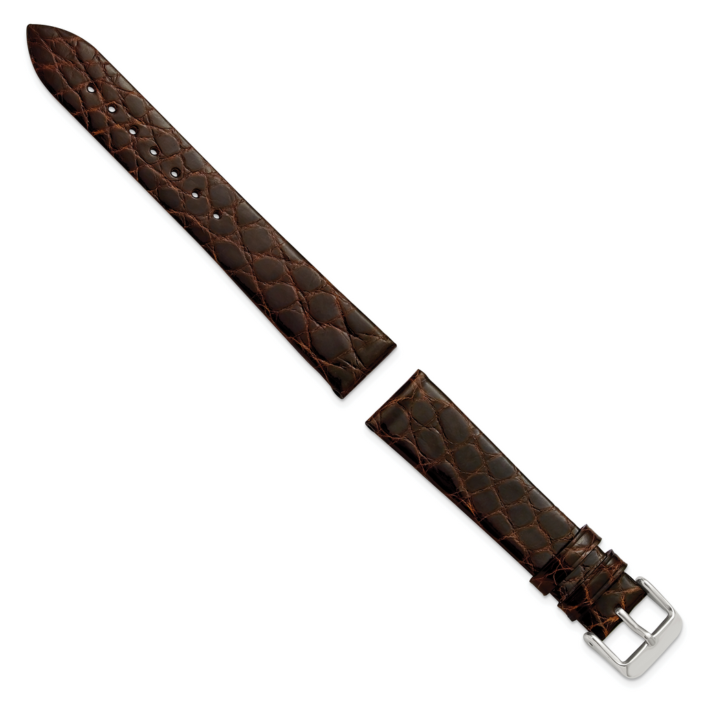 16mm Brown Flat Genuine Crocodile Leather with Silver-tone Buckle 7.5 inch Watch Band