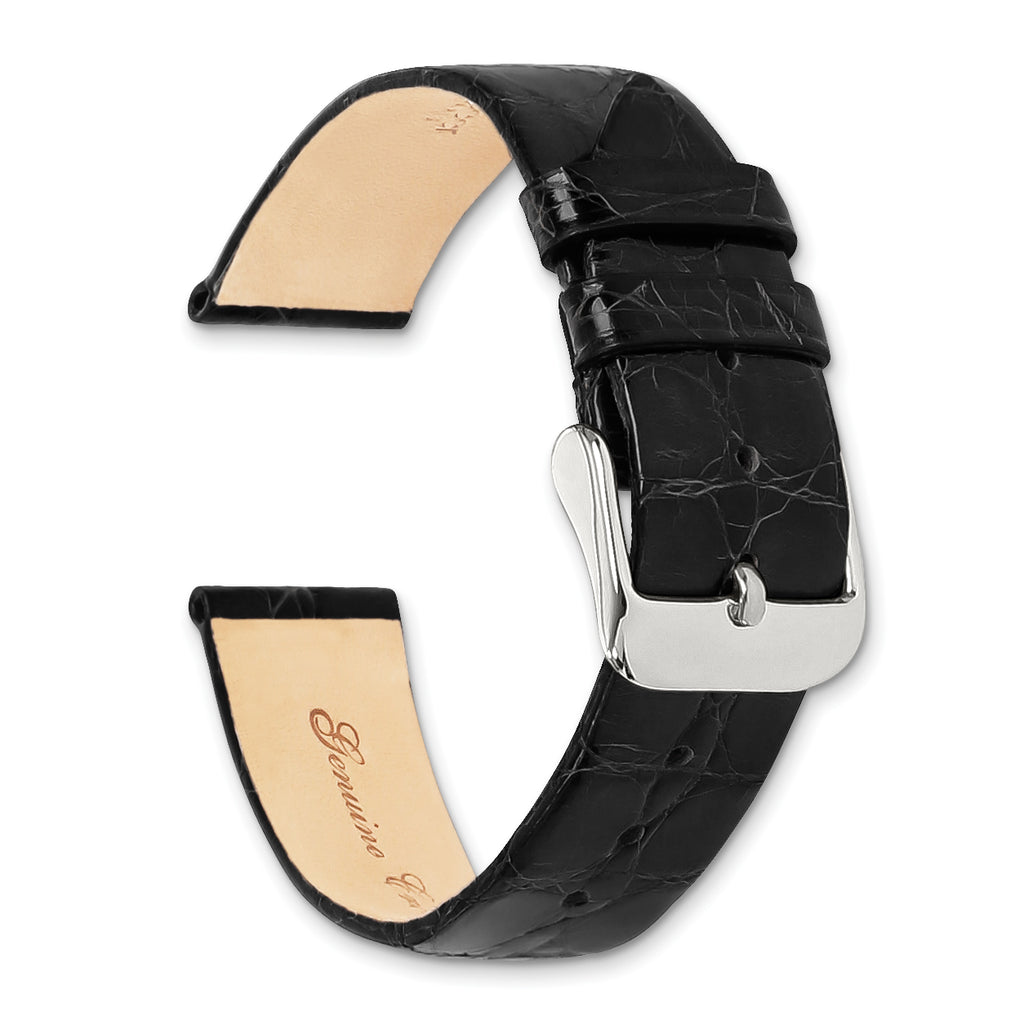 16mm Black Flat Genuine Crocodile Leather with Silver-tone 7.5 inch Watch Band