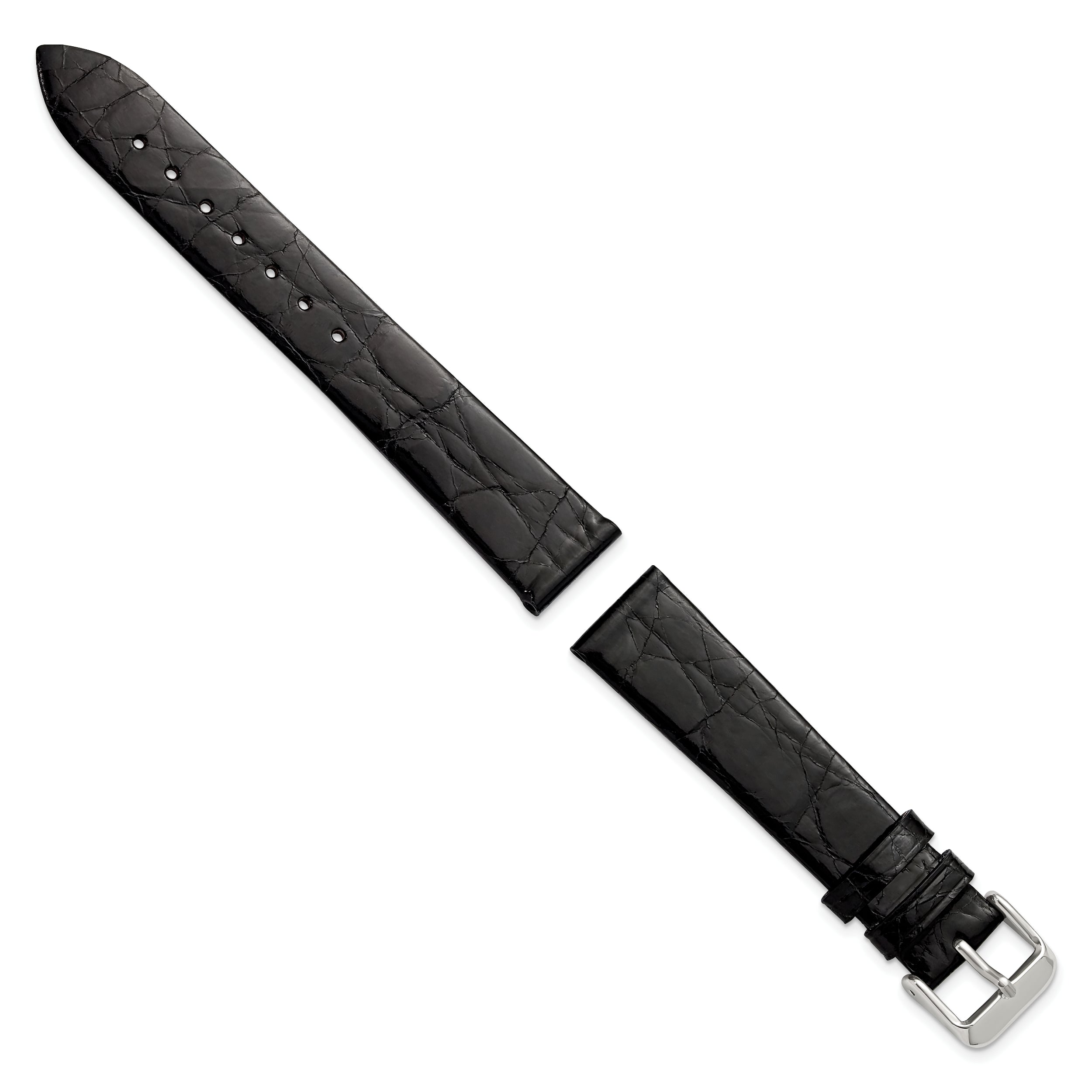 20mm Black Flat Genuine Crocodile Leather with Silver-tone Buckle 7.5 inch Watch Band