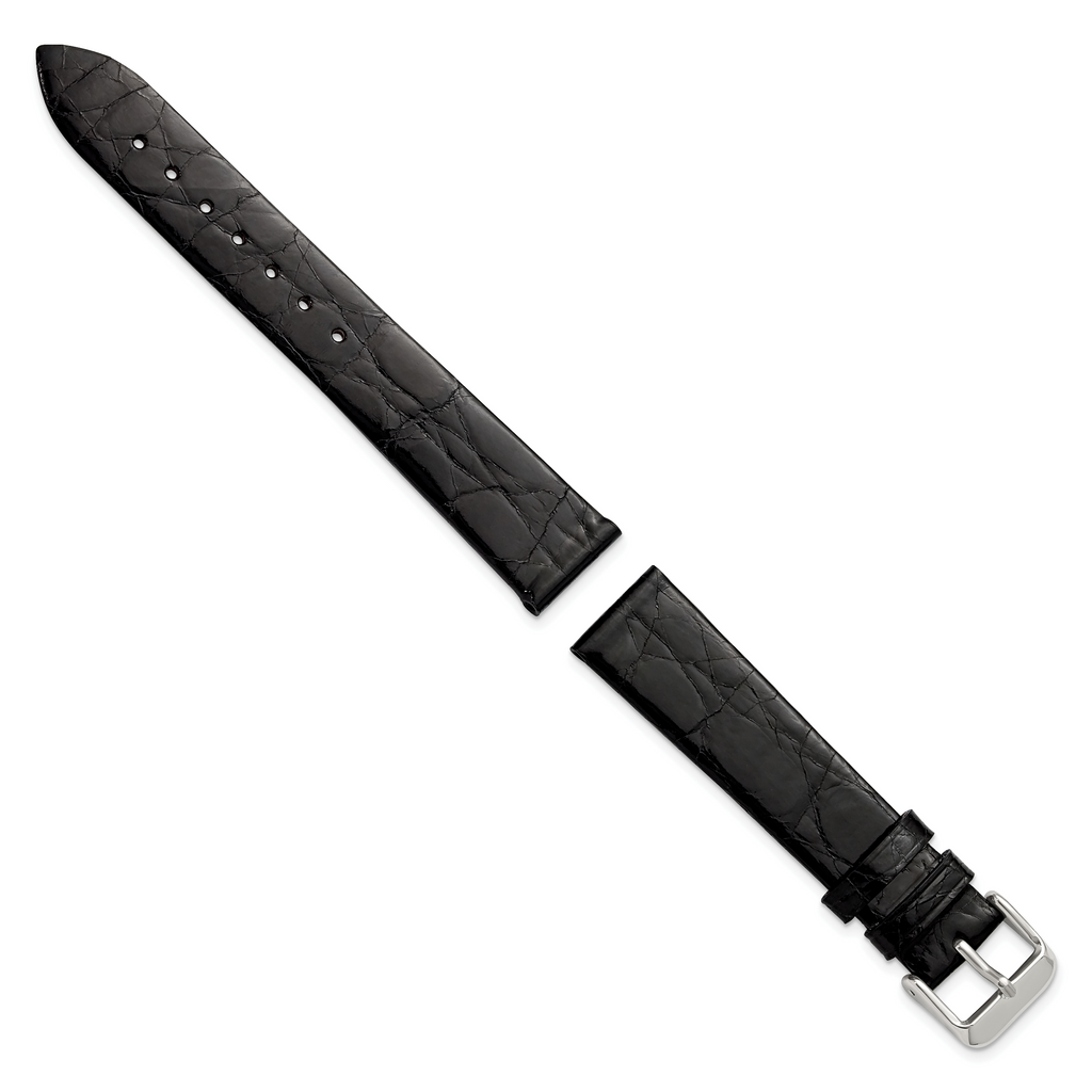 16mm Black Flat Genuine Crocodile Leather with Silver-tone 7.5 inch Watch Band