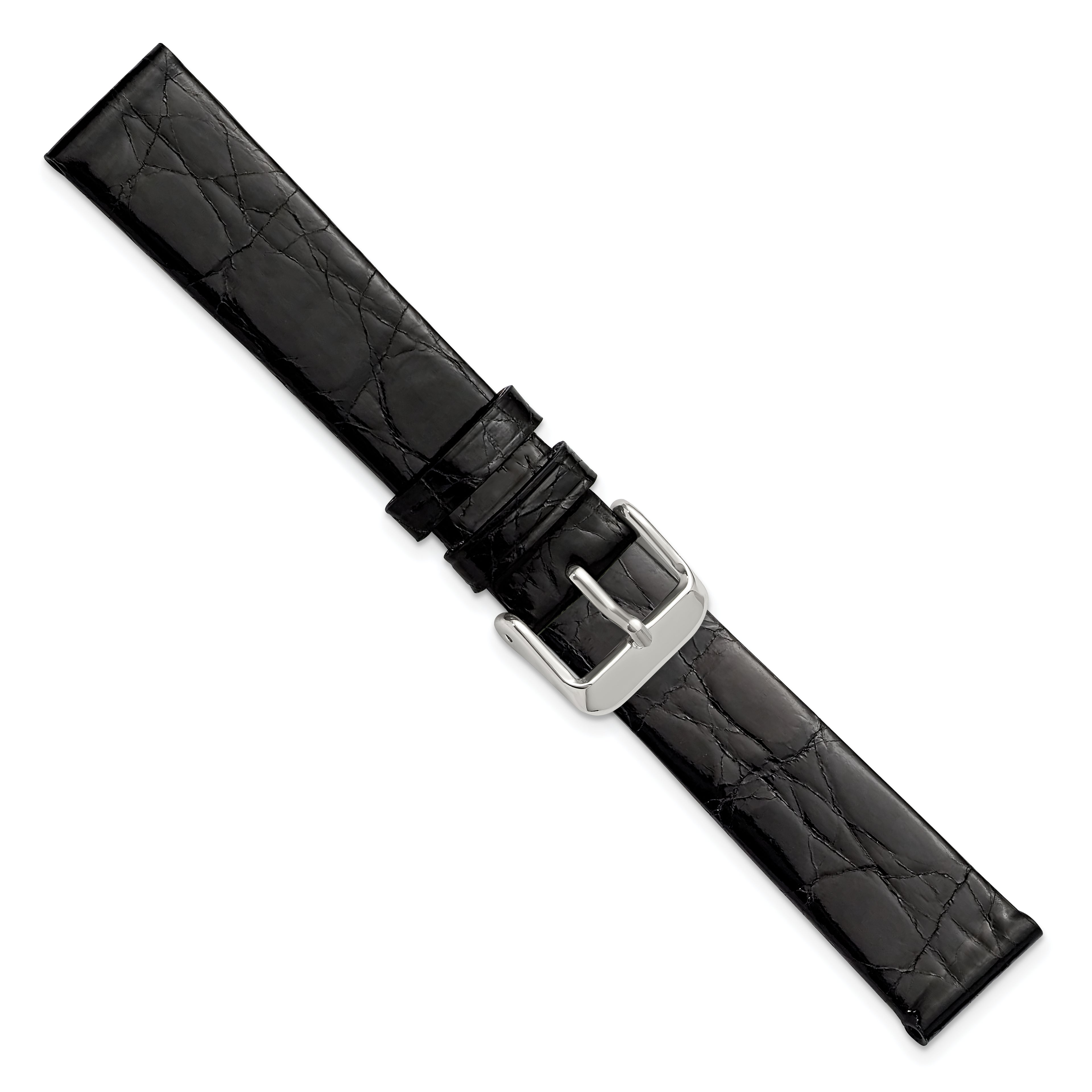 16mm Black Flat Genuine Crocodile Leather with Silver-tone 7.5 inch Watch Band