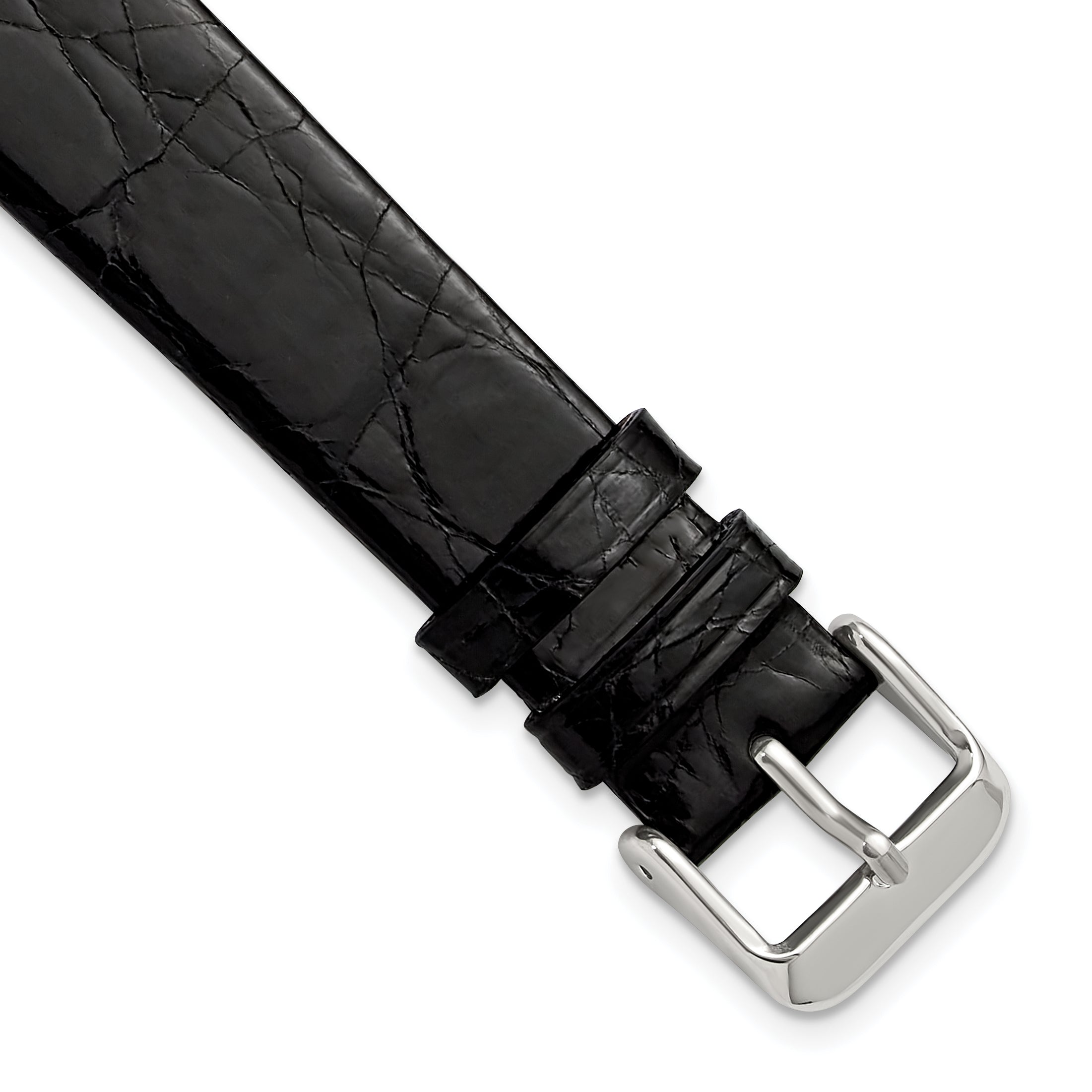 20mm Black Flat Genuine Crocodile Leather with Silver-tone Buckle 7.5 inch Watch Band