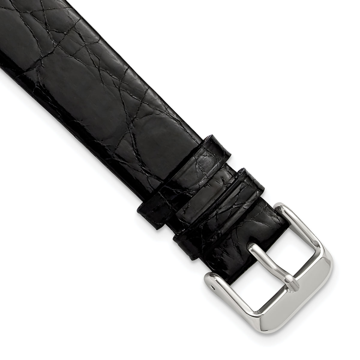 20mm Black Flat Genuine Crocodile Leather with Silver-tone Buckle 7.5 inch Watch Band