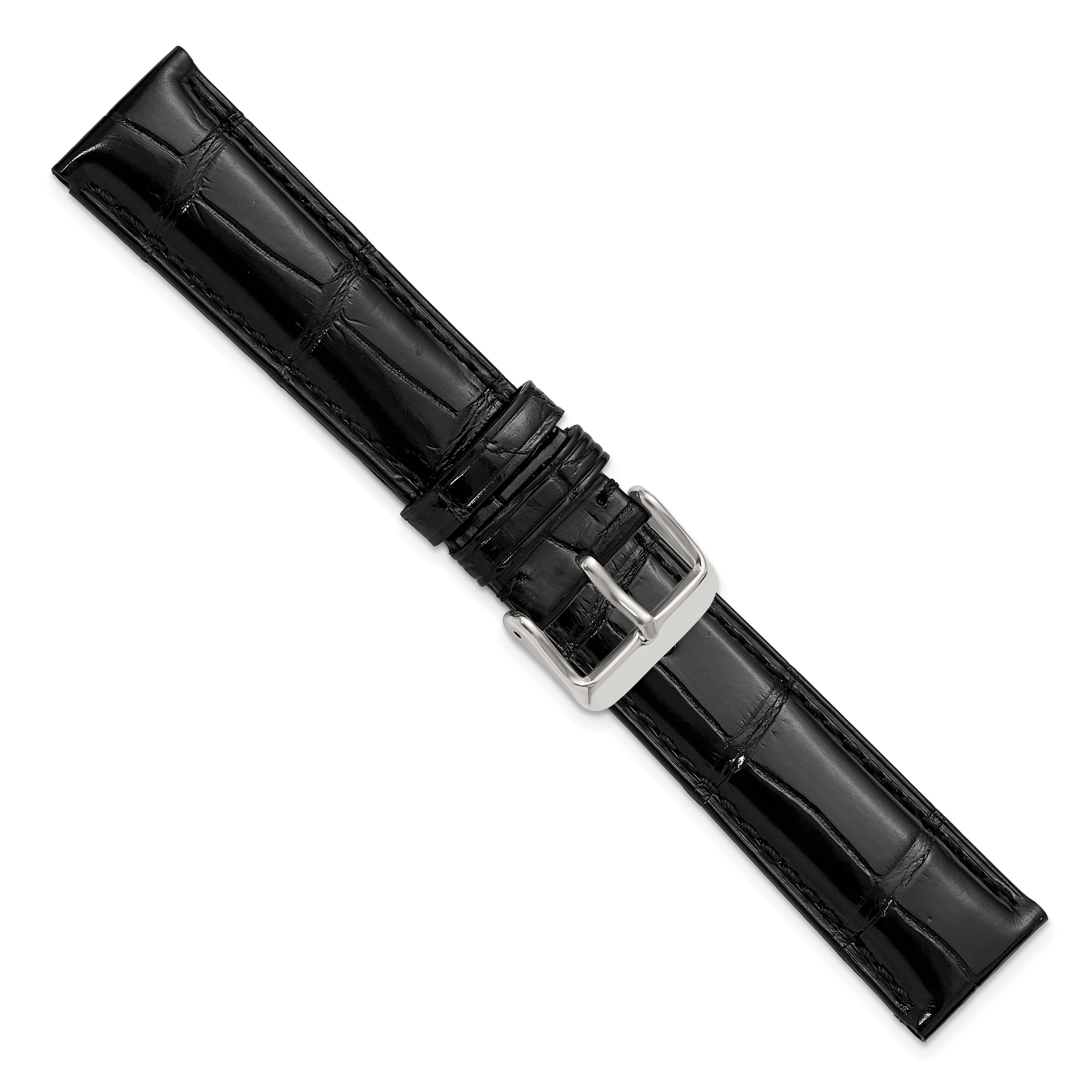 24mm Black Genuine Alligator Chrono Leather with Silver-tone Buckle 7.5 inch Watch Band
