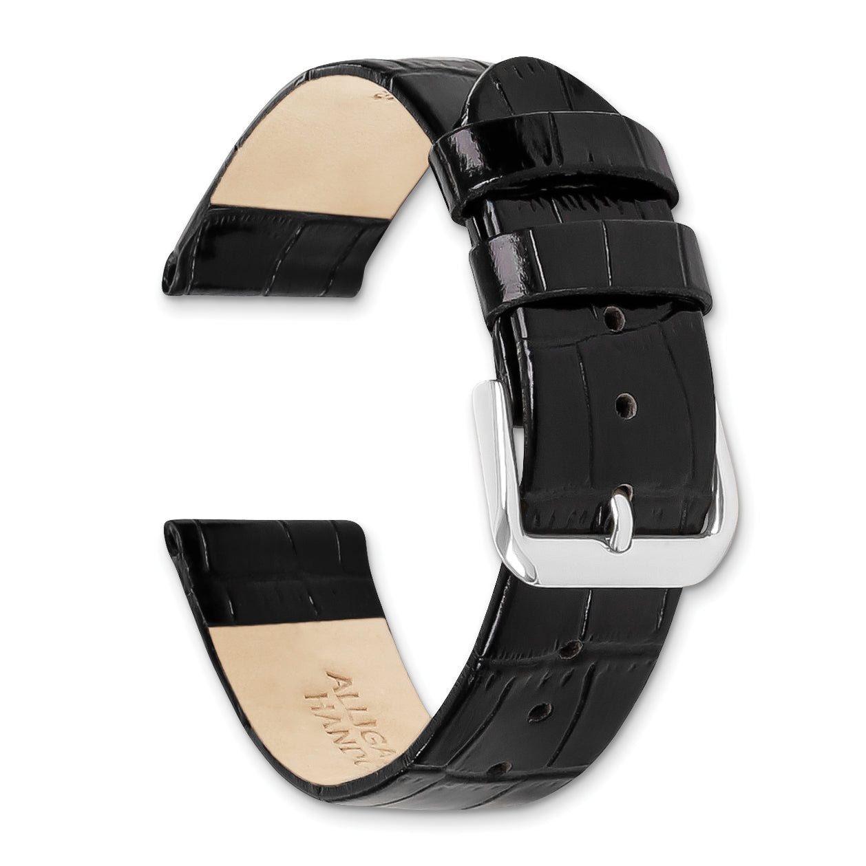 20mm Black Flat Alligator Grain Leather with Silver-tone Buckle 7.5 inch Watch Band