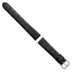 18mm Black Flat Alligator Grain Leather with Silver-tone Buckle 7.5 inch Watch Band