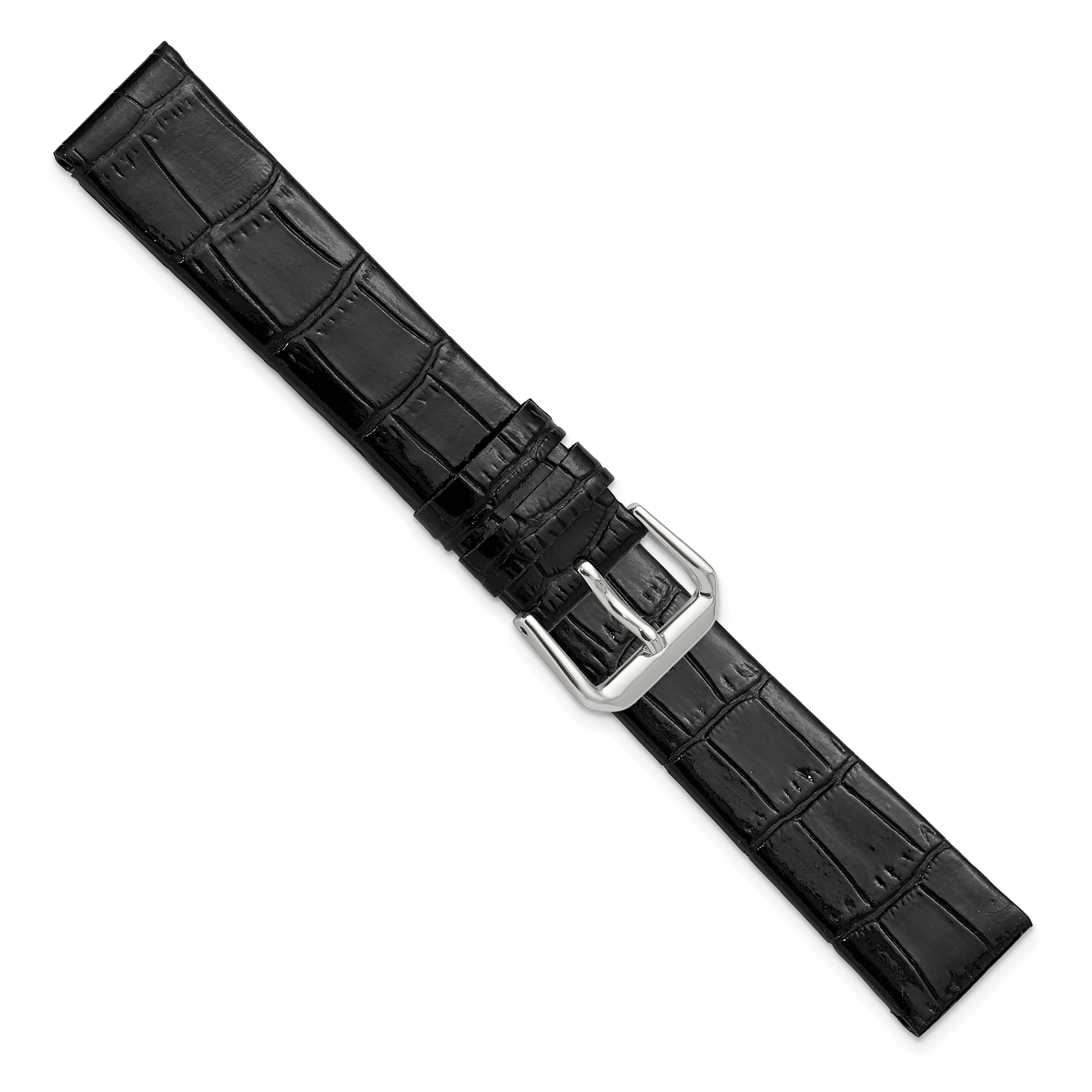 18mm Black Flat Alligator Grain Leather with Silver-tone Buckle 7.5 inch Watch Band