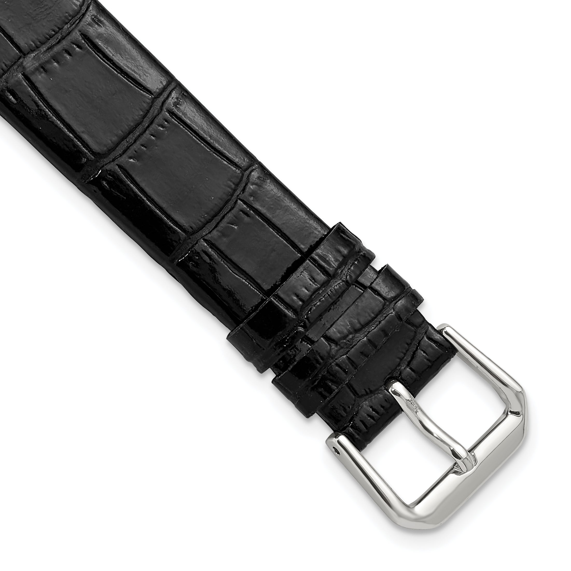 18mm Black Flat Alligator Grain Leather with Silver-tone Buckle 7.5 inch Watch Band