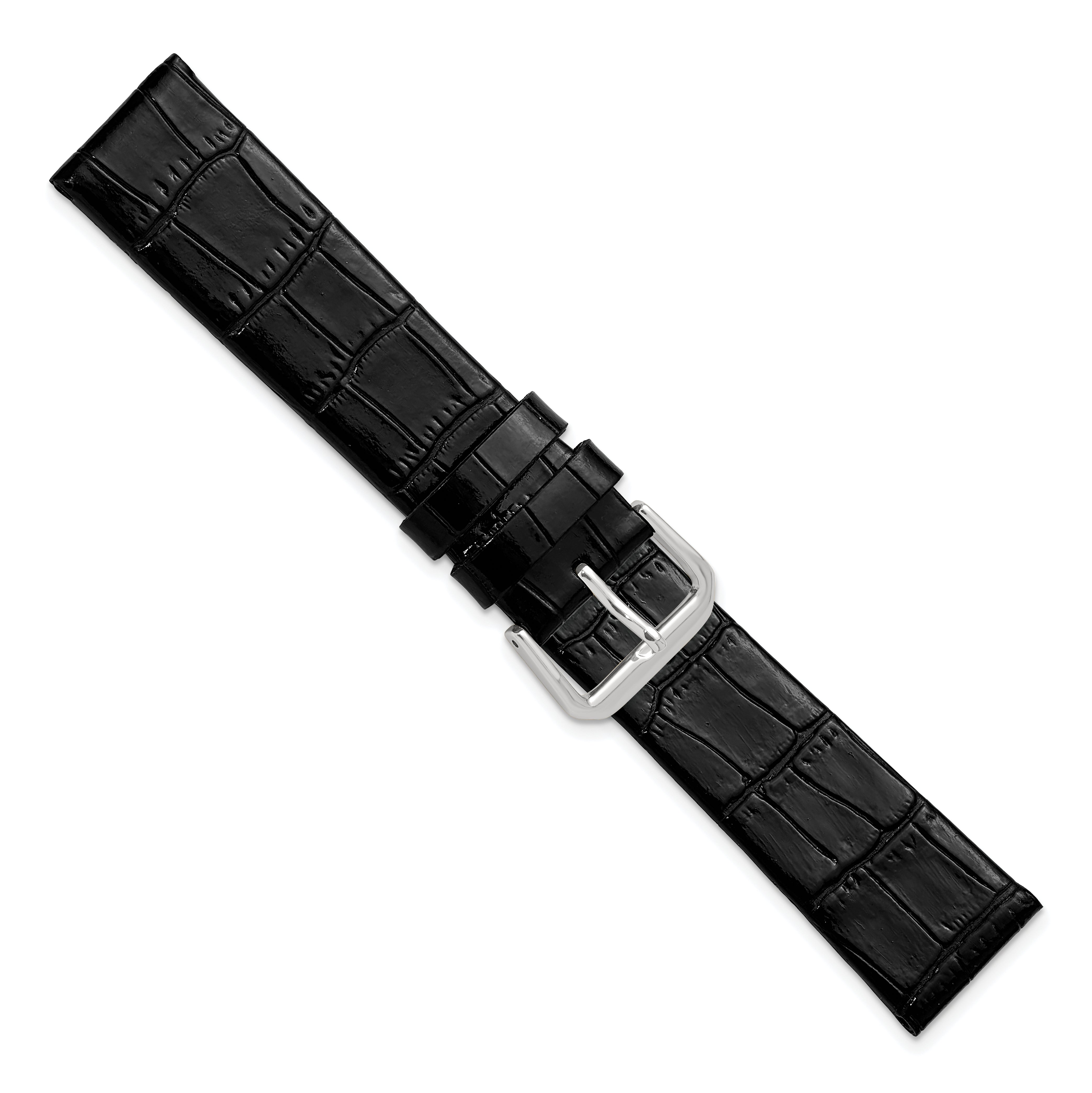 20mm Black Flat Alligator Grain Leather with Silver-tone Buckle 7.5 inch Watch Band