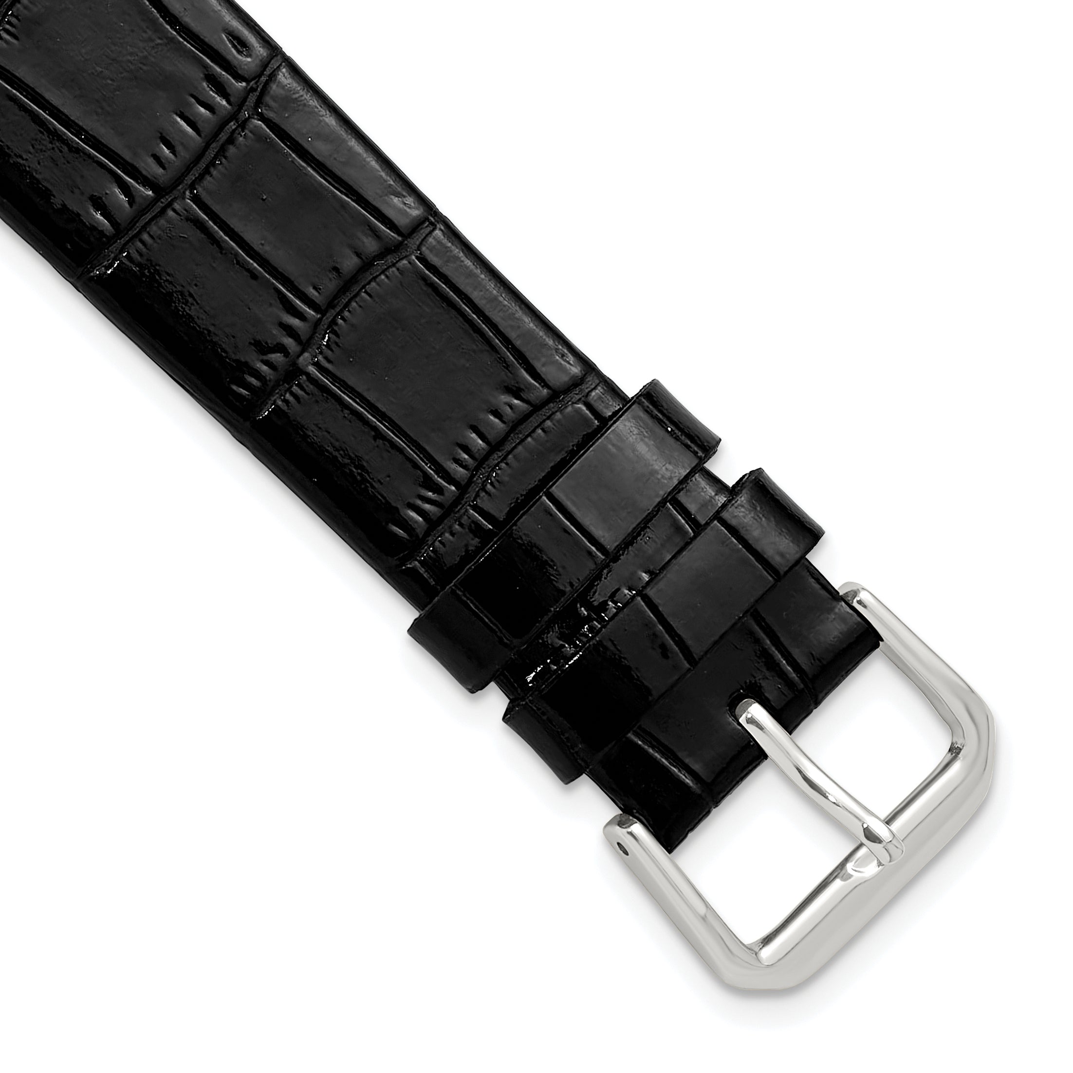 20mm Black Flat Alligator Grain Leather with Silver-tone Buckle 7.5 inch Watch Band