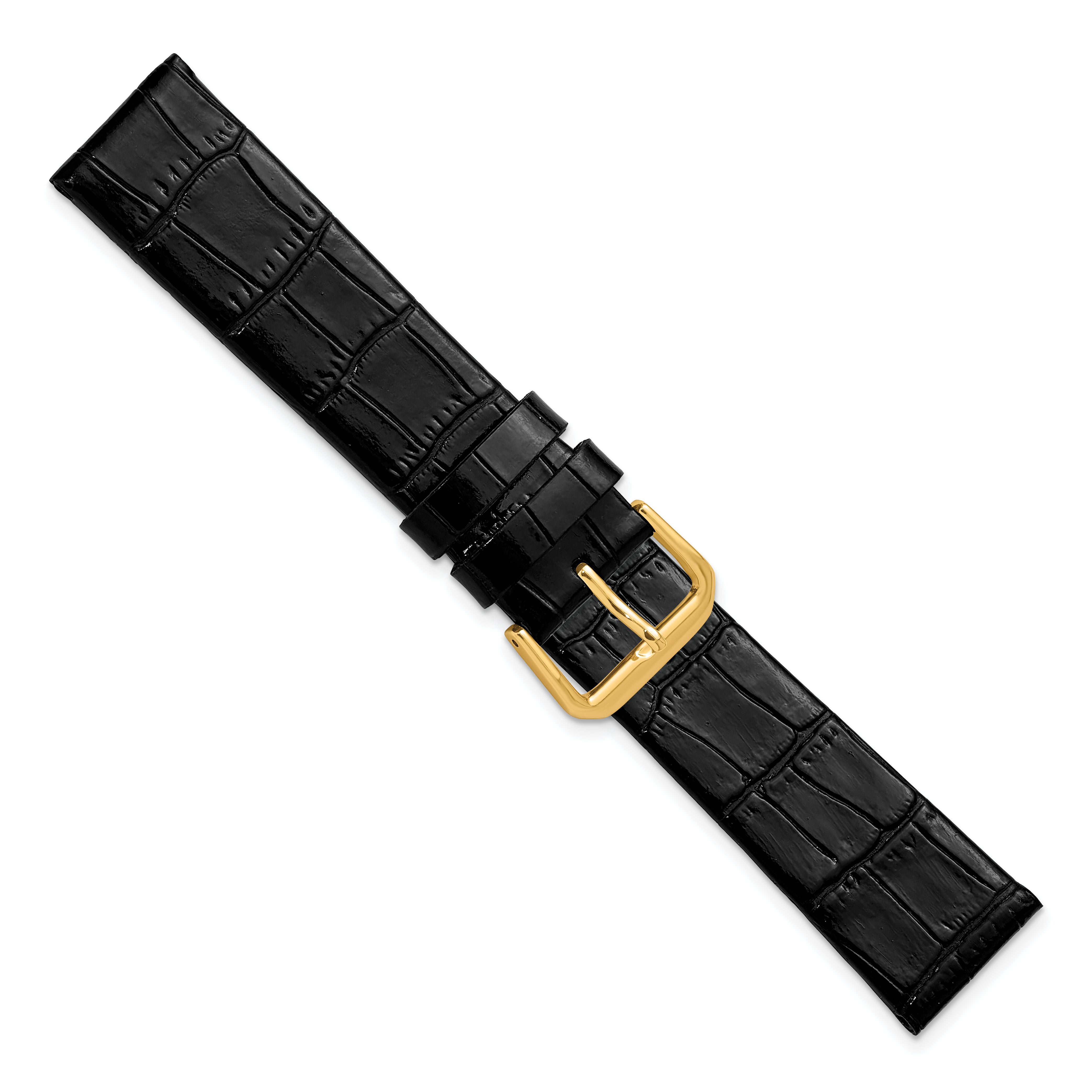20mm Black Flat Alligator Grain Leather with Gold-tone Buckle 7.5 inch Watch Band