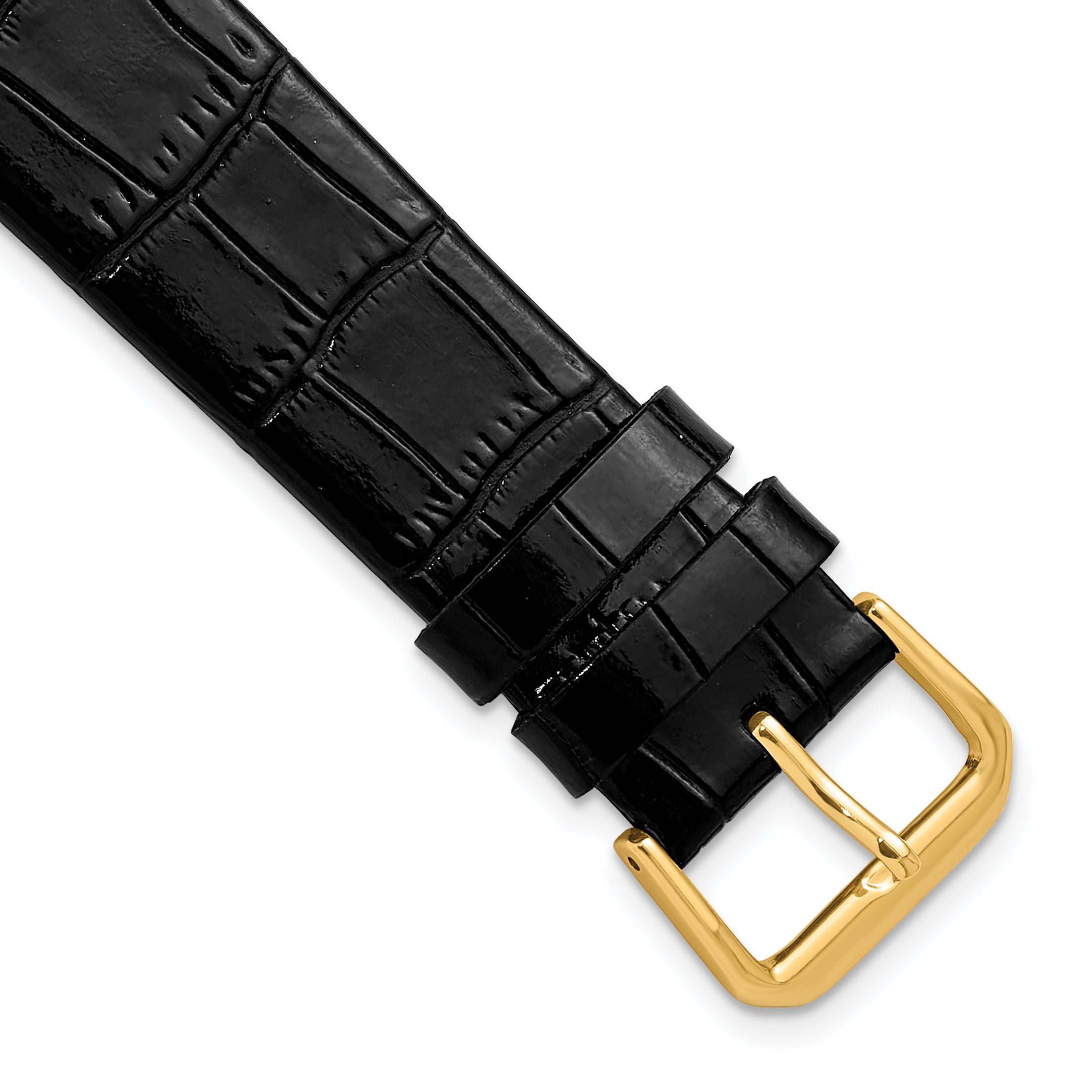 20mm Black Flat Alligator Grain Leather with Gold-tone Buckle 7.5 inch Watch Band
