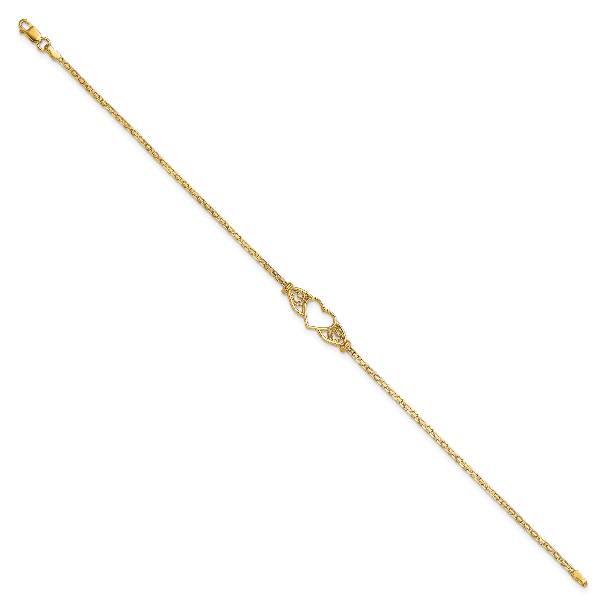 14k Polished Open Heart with Filigree and Bismark Chain 9 inch  Anklet