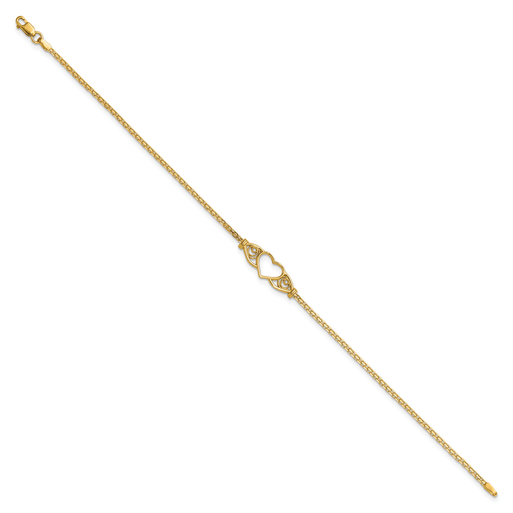14k Polished Open Heart with Filigree and Bismark Chain 9 inch  Anklet