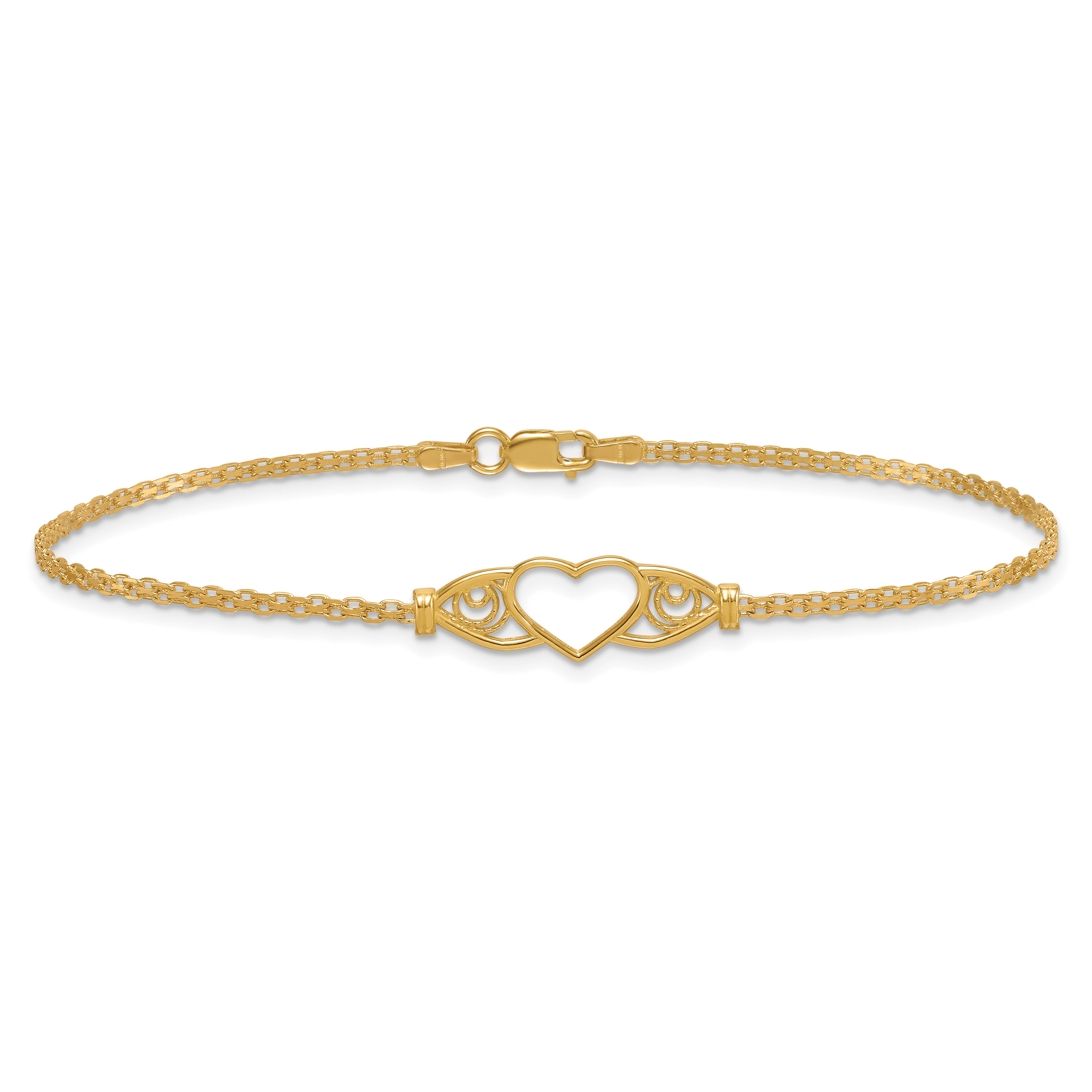 14k Polished Open Heart with Filigree and Bismark Chain 9 inch  Anklet