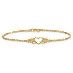 14k Polished Open Heart with Filigree and Bismark Chain 9 inch  Anklet