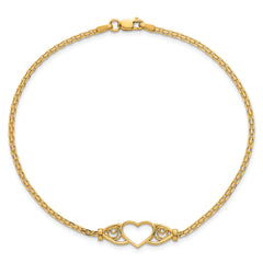 14k Polished Open Heart with Filigree and Bismark Chain 9 inch  Anklet